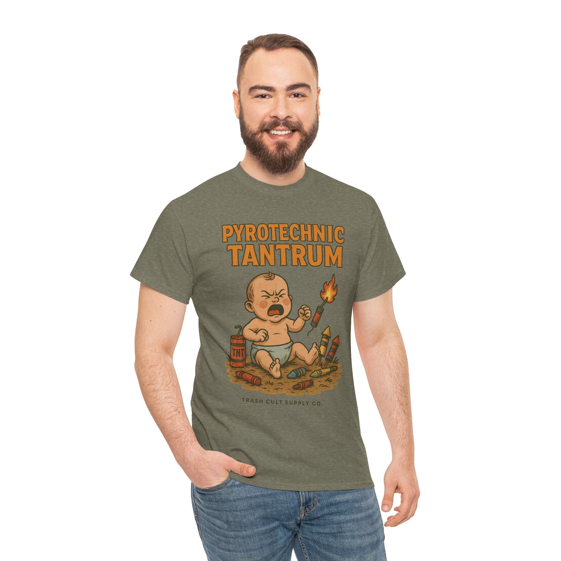 Pyrotechnic Tantrum T-Shirt – Explosive Baby Humor Graphic | Trash Cult Supply Co. | Gildan 5000 Tee