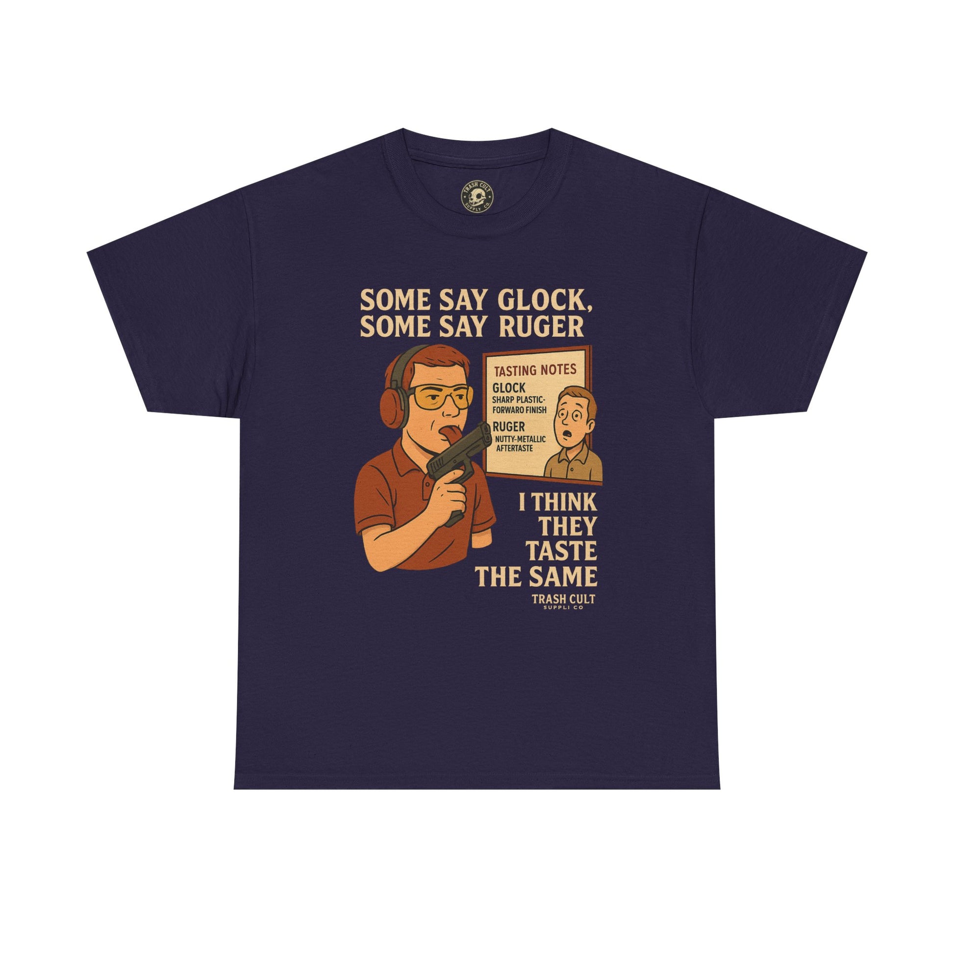Glock vs Ruger Mouthfeel Shirt – Funny Gun Show Parody Tee | Dark Humor Firearm Tasting Notes Shirt