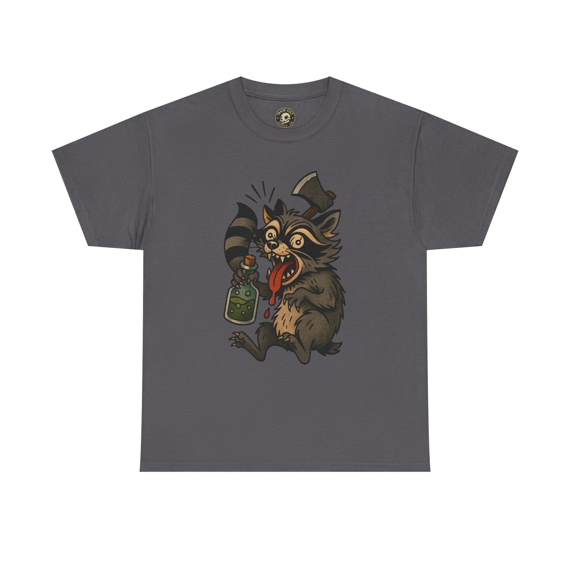 Unhinged Raccoon Shirt – Chaos Gremlin with Axe & Potion | Tattoo Style Tee
