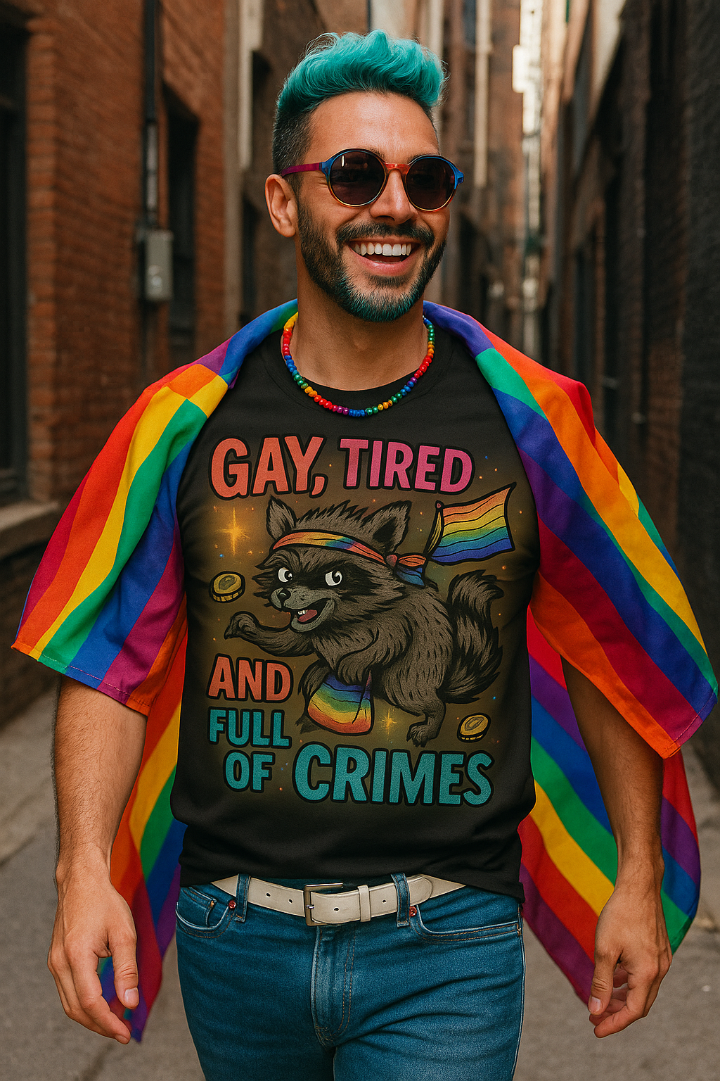 Gay, Tired, and Full of Crimes Raccoon Pride T-Shirt – Gildan Softstyle Unisex Tee