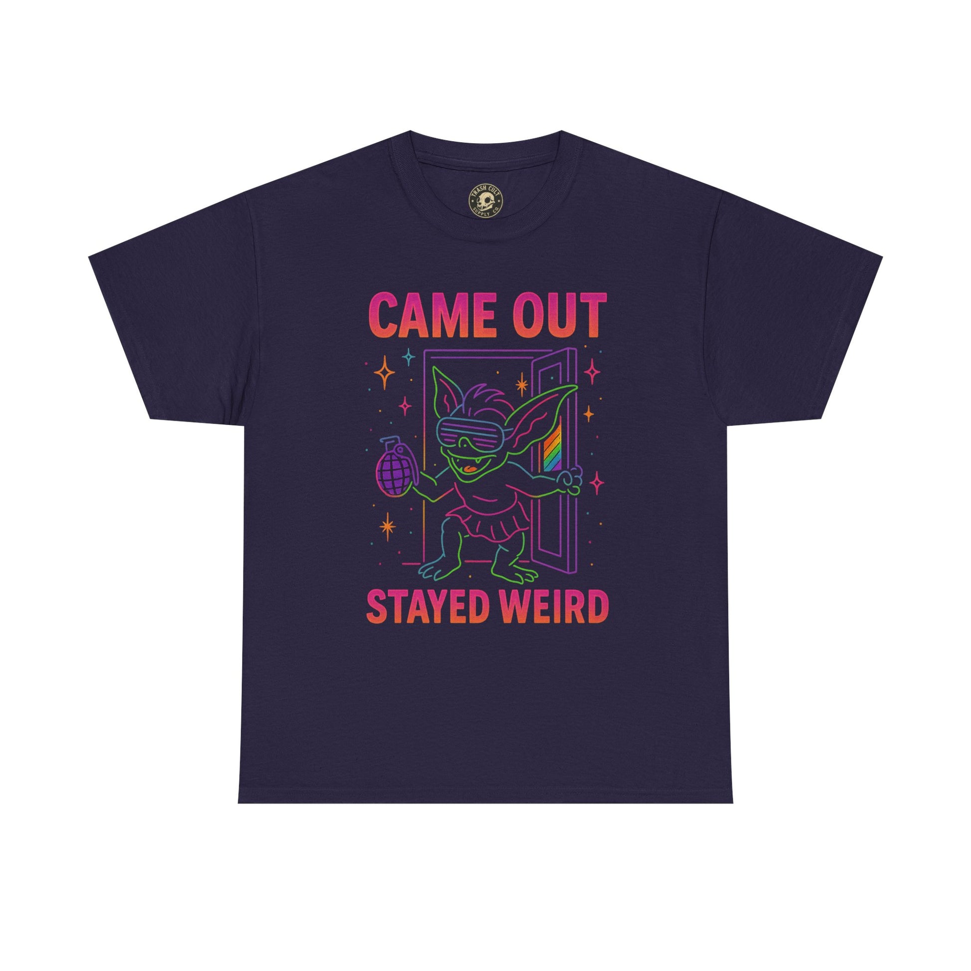 Came Out, Stayed Weird – Neon Gremlin Pride T-Shirt | Gildan Unisex Heavy Cotton Tee | LGBTQ+ Graphic Shirt