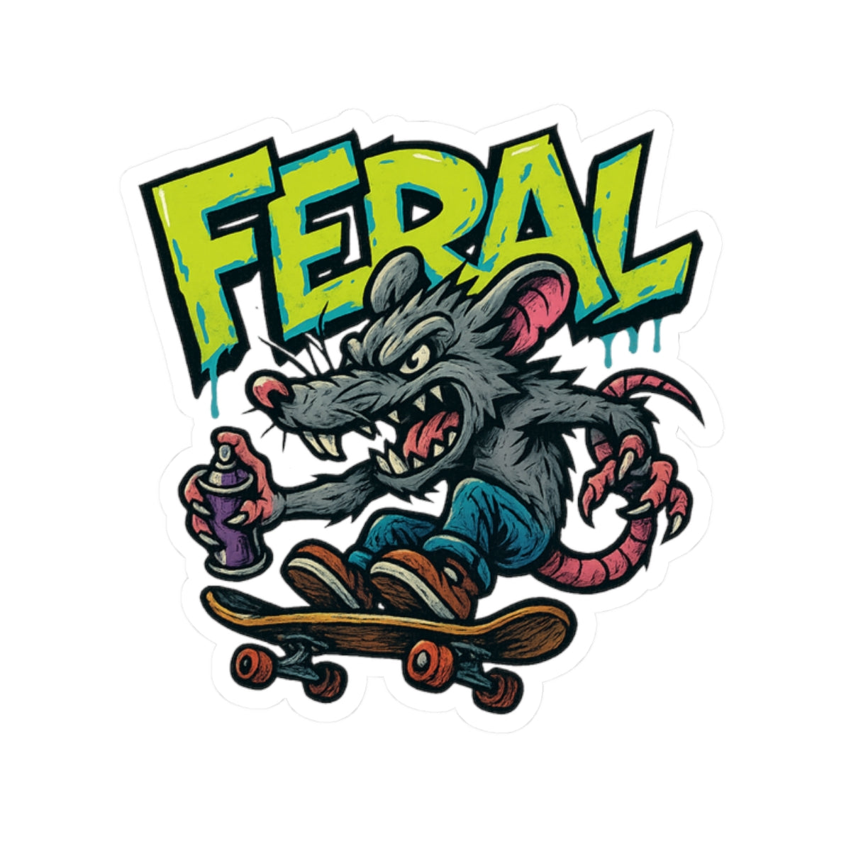 Feral Skate Rat Stickers | Cool Kiss-Cut Decals for Laptops, Water Bottles, Skateboards, Party Favors, Graffiti Lovers