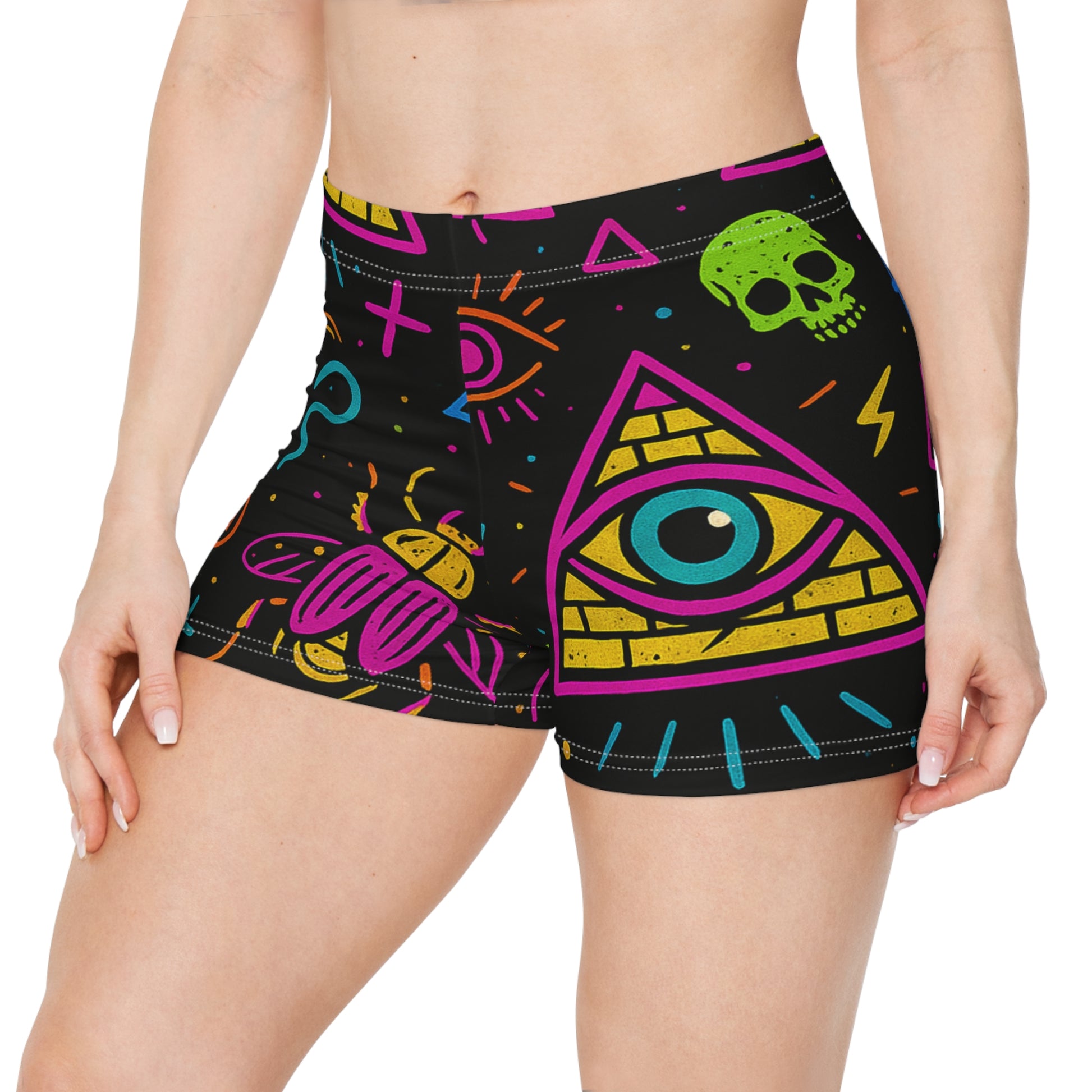 Illuminasty Drop Women’s Shorts – Neon Chaos with All-Seeing Eye, Skulls & Symbols