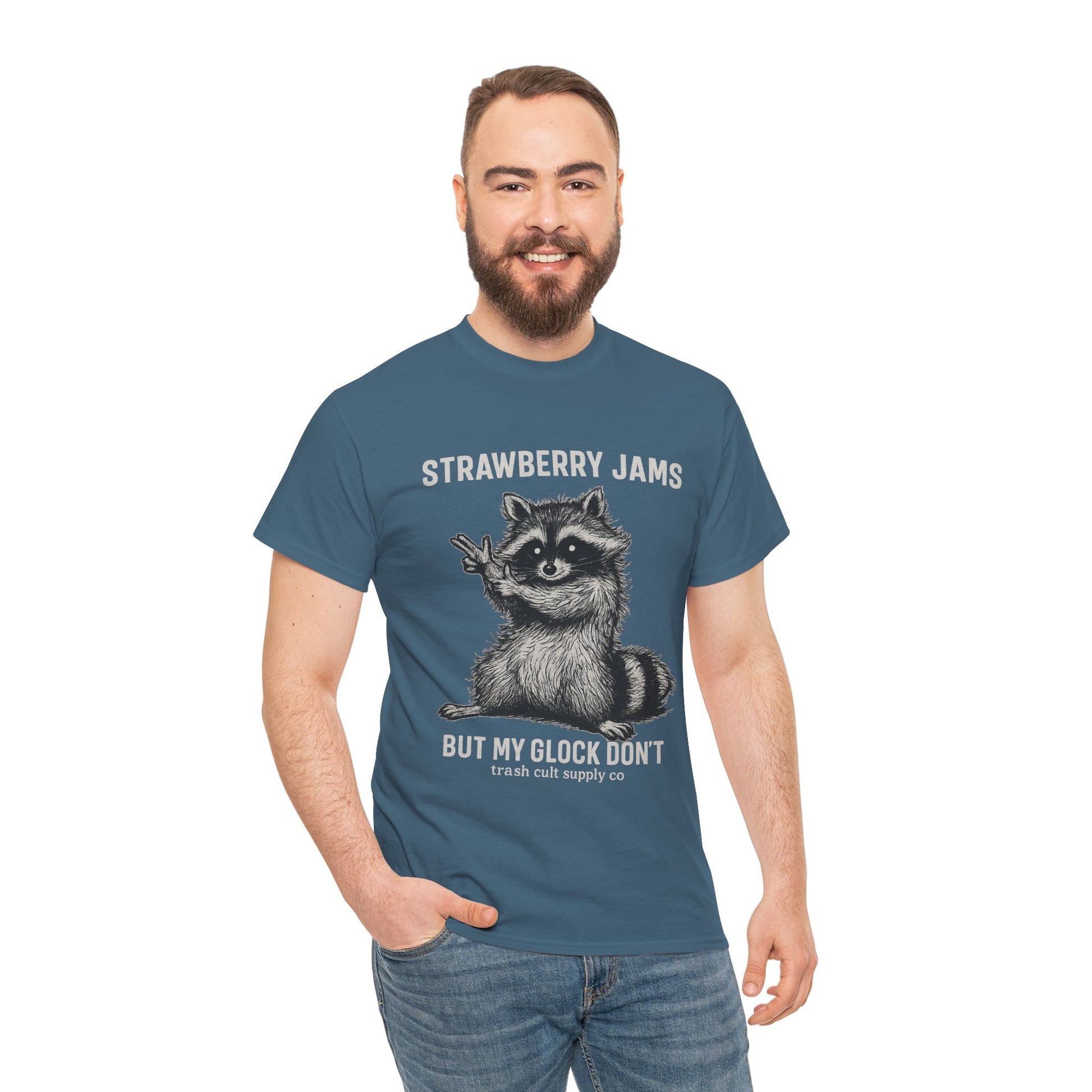 Strawberry Jams But My Glock Don’t Raccoon Shirt – Trash Cult Supply Co. Gildan 5000 Tee