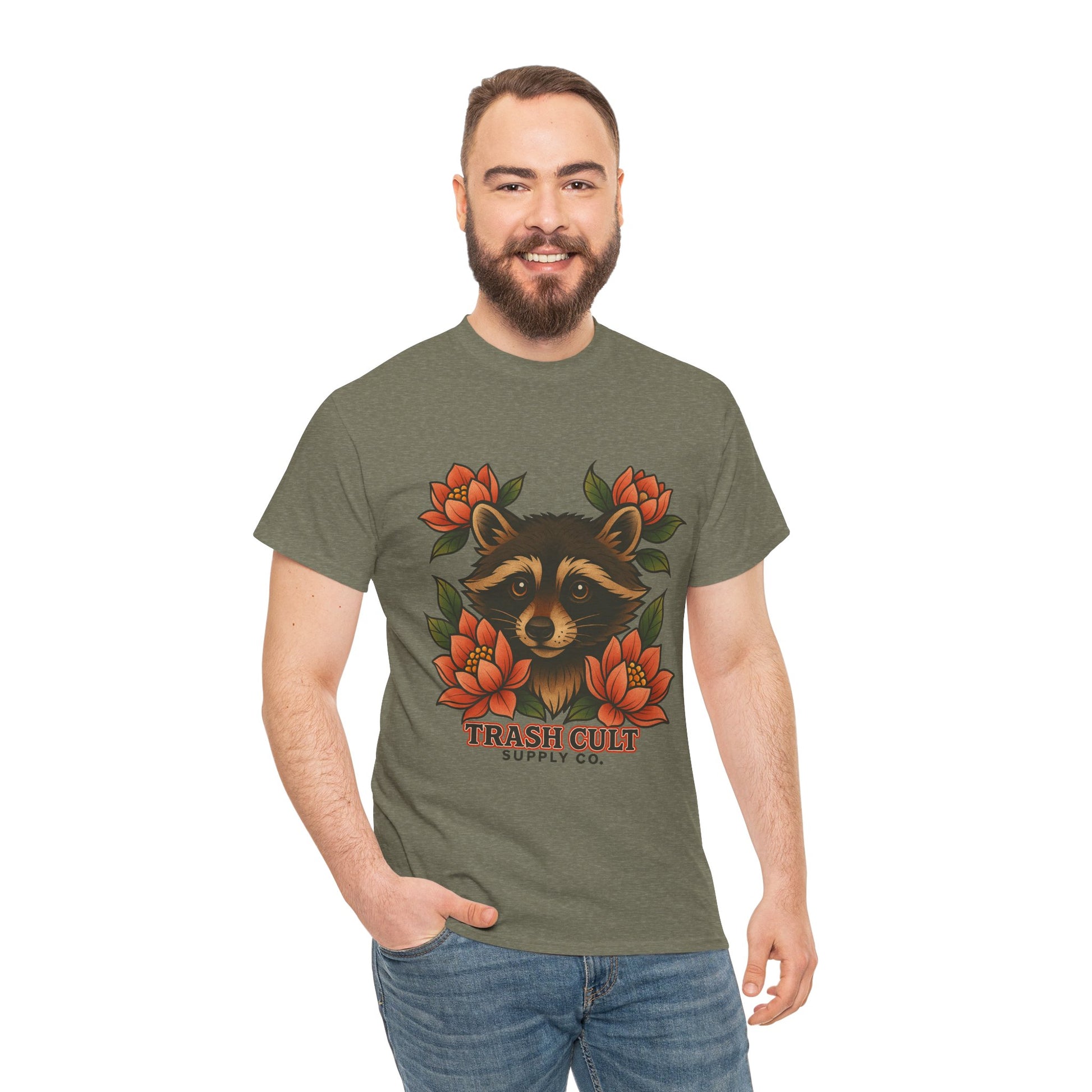 Neo-Traditional Raccoon & Lotus Tattoo Shirt – Trash Cult Supply Co. – Gildan 5000