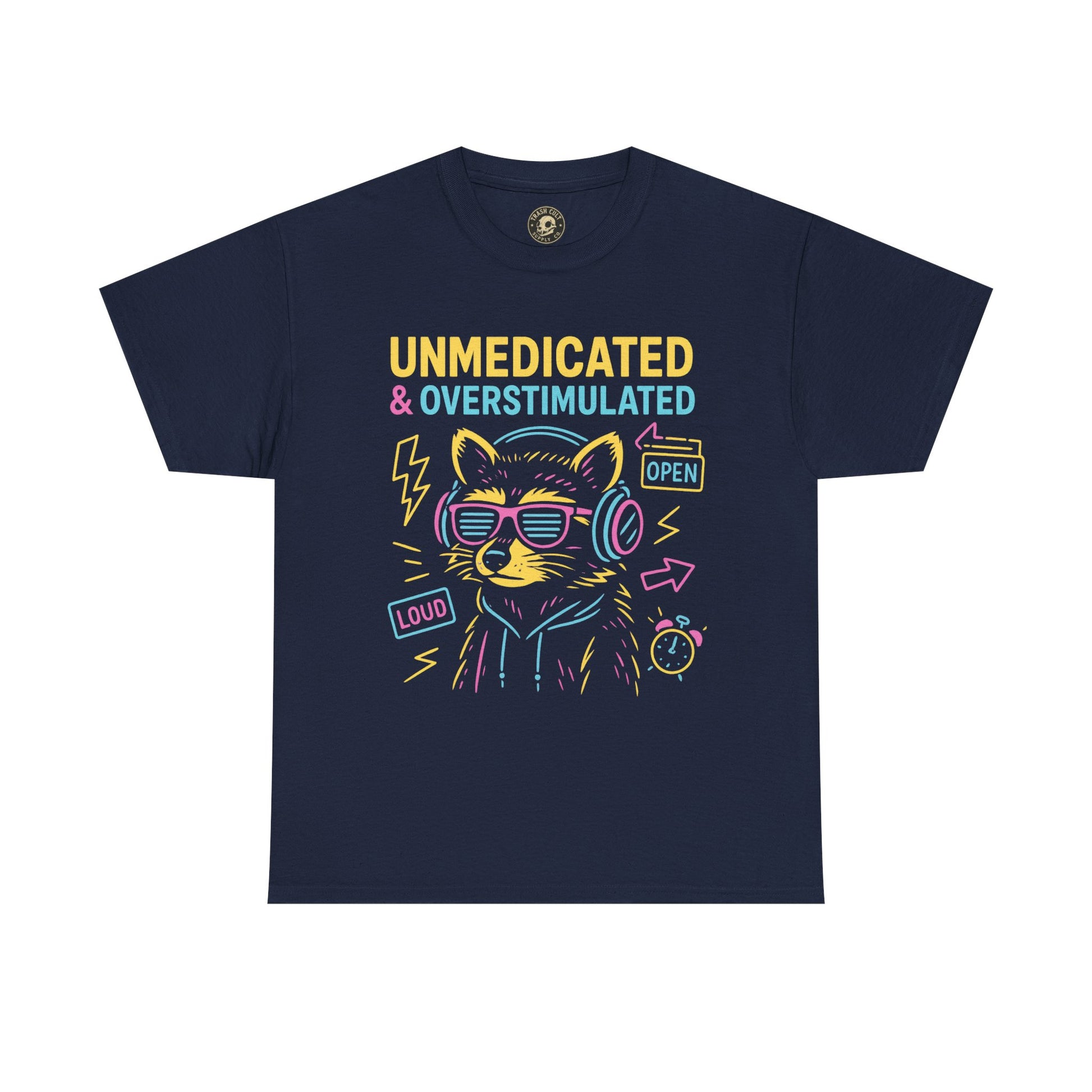 Unmedicated & Overstimulated Neon Raccoon ADHD Shirt – Trash Cult Supply Co. – Gildan 5000