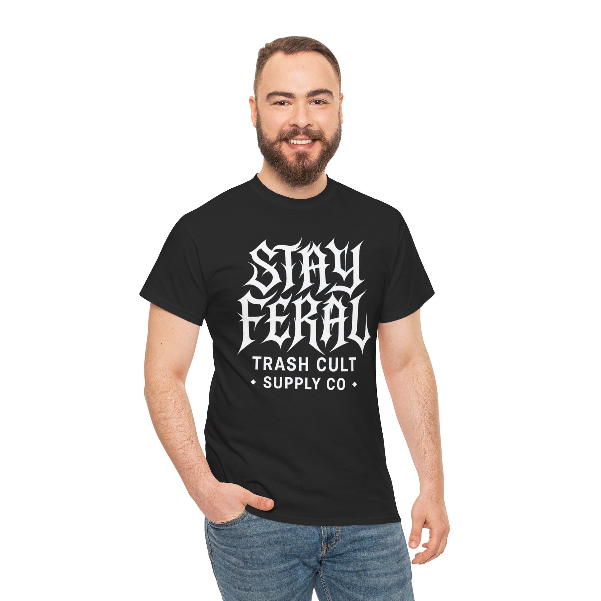Unisex Heavy Cotton Tee - Stay Feral Graphic Tee, Streetwear Shirt, Gift for Wild Spirits, Eco-Friendly Casualwear, Summer Fashion