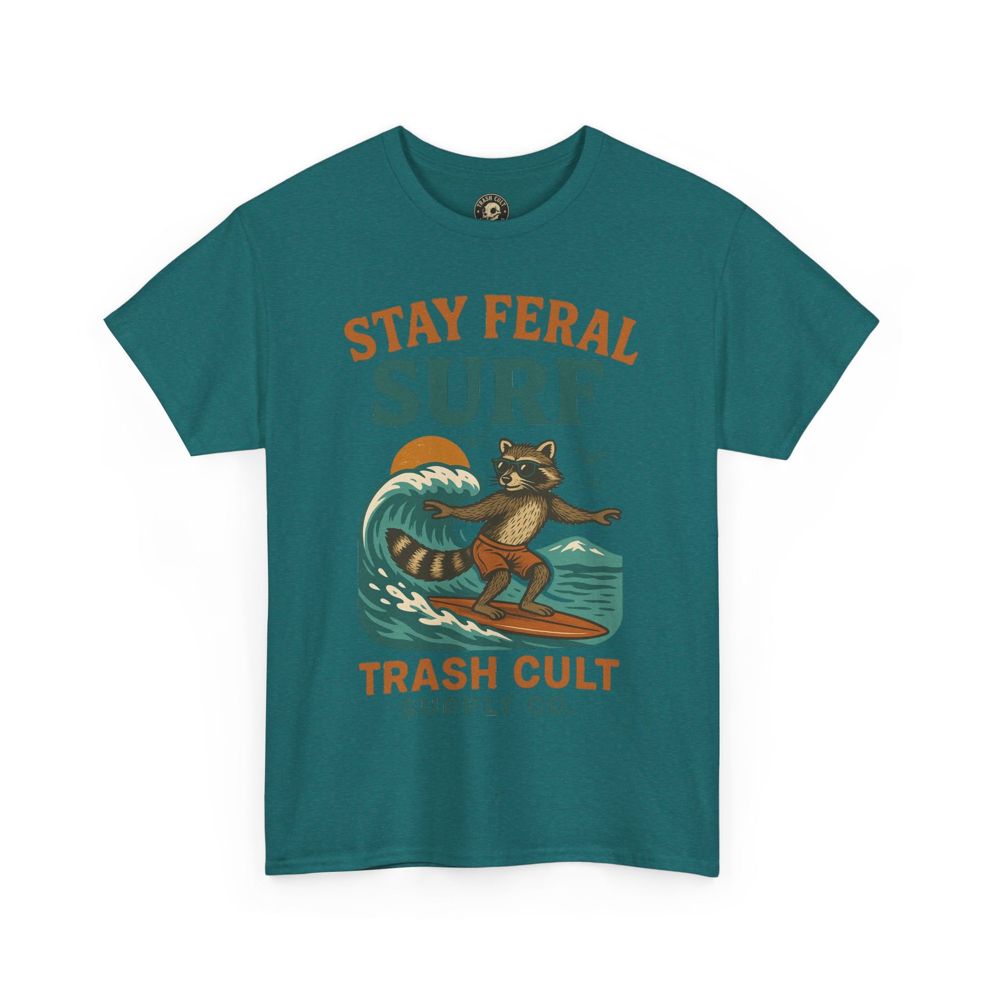 Stay Feral Surf Shirt – Retro Raccoon Beach Tee – Trash Cult Supply Co – Gildan 5000
