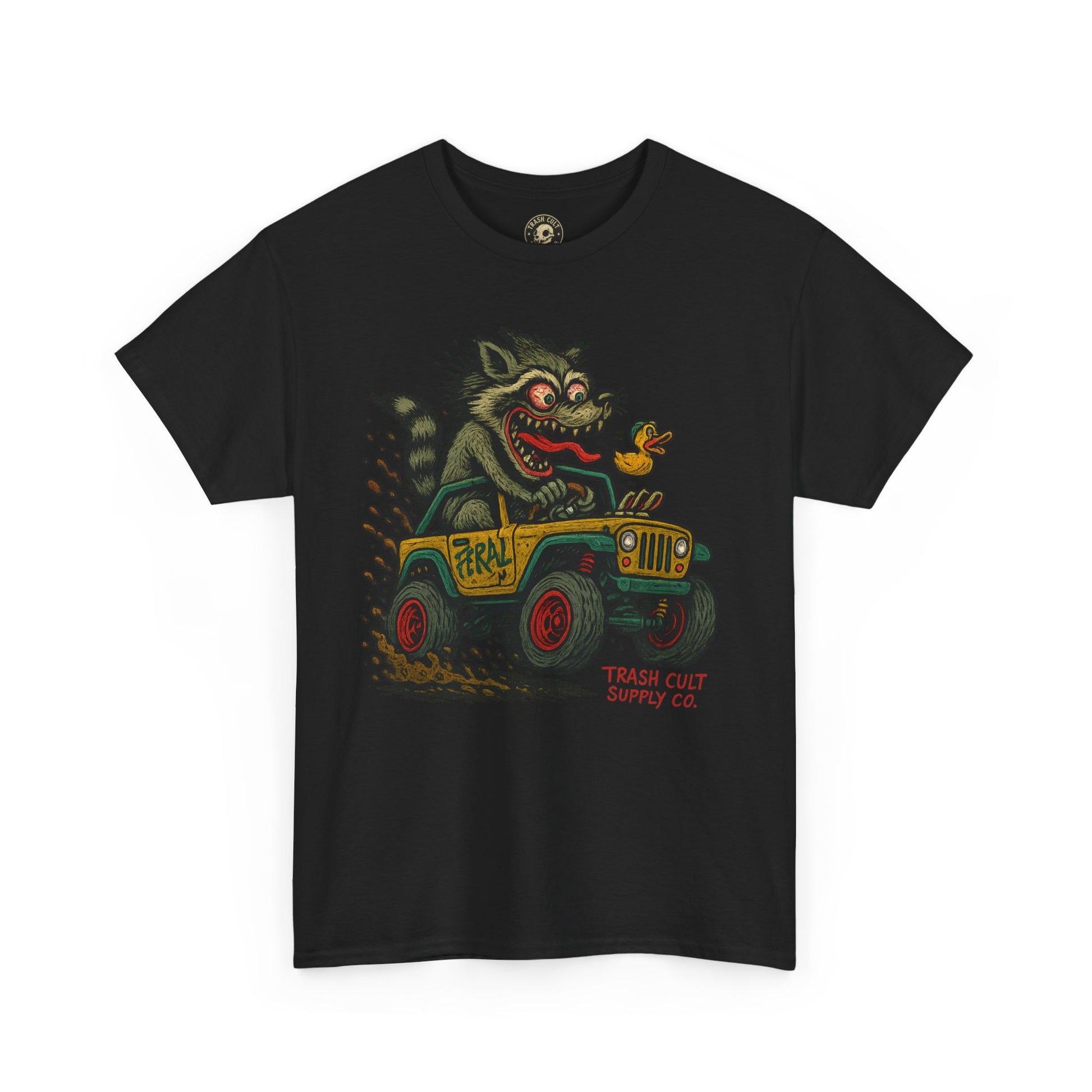Feral Jeep Raccoon Shirt – Ed Roth Style Off-Road Chaos | Trash Cult Supply Co | Gildan 5000 Tee