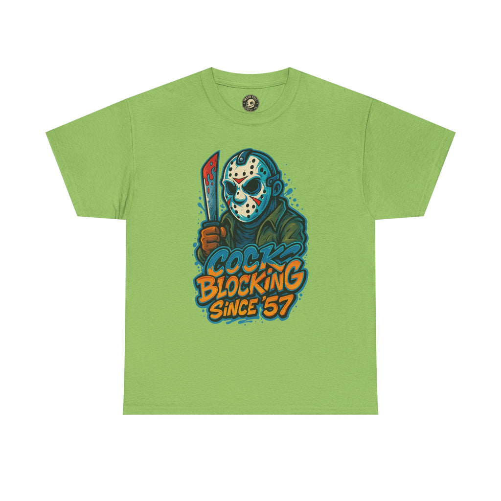 Jason Voorhees “Cock Blocking Since ’57” Funny Horror T-Shirt – Gildan 5000 | Slasher Meme Graphic Tee