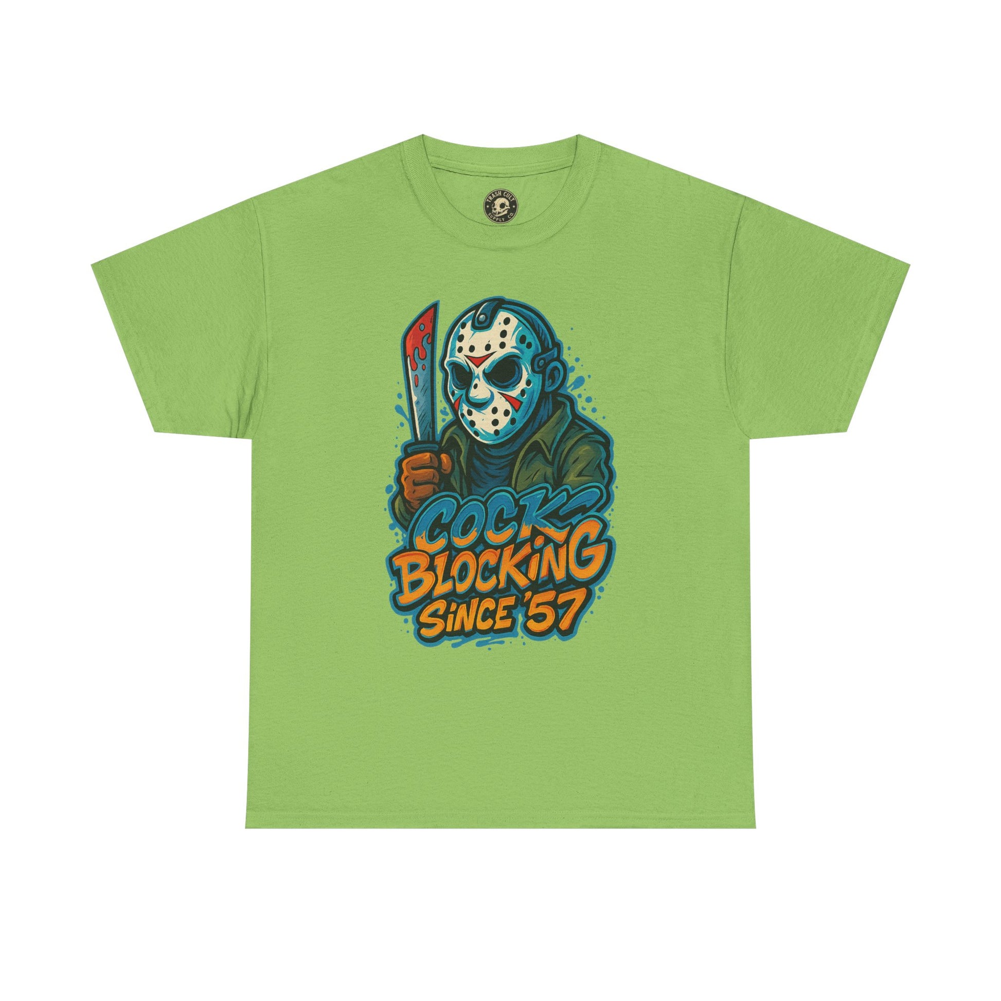 Jason Voorhees “Cock Blocking Since ’57” Funny Horror T-Shirt – Gildan 5000 | Slasher Meme Graphic Tee