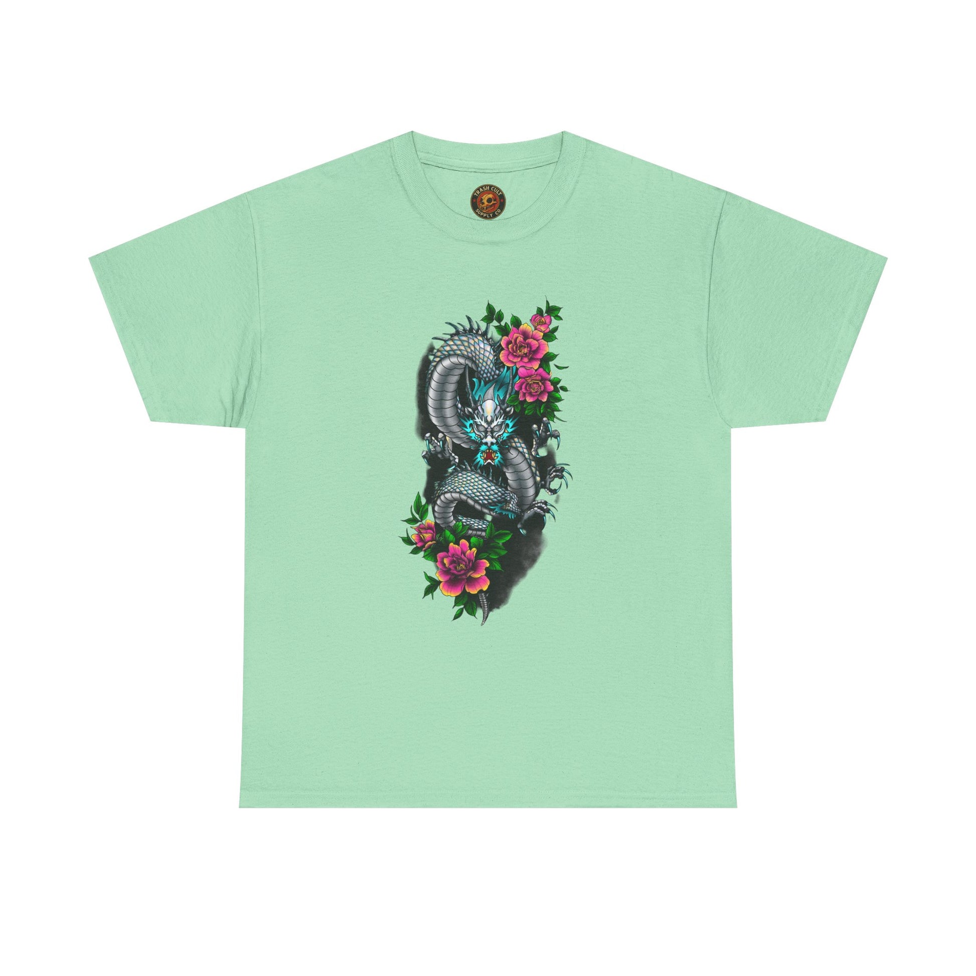 Mythic Dragon & Peonies Tattoo T-Shirt – Lara Davenport x Trash Cult Supply Co. Collab (Gildan 5000)