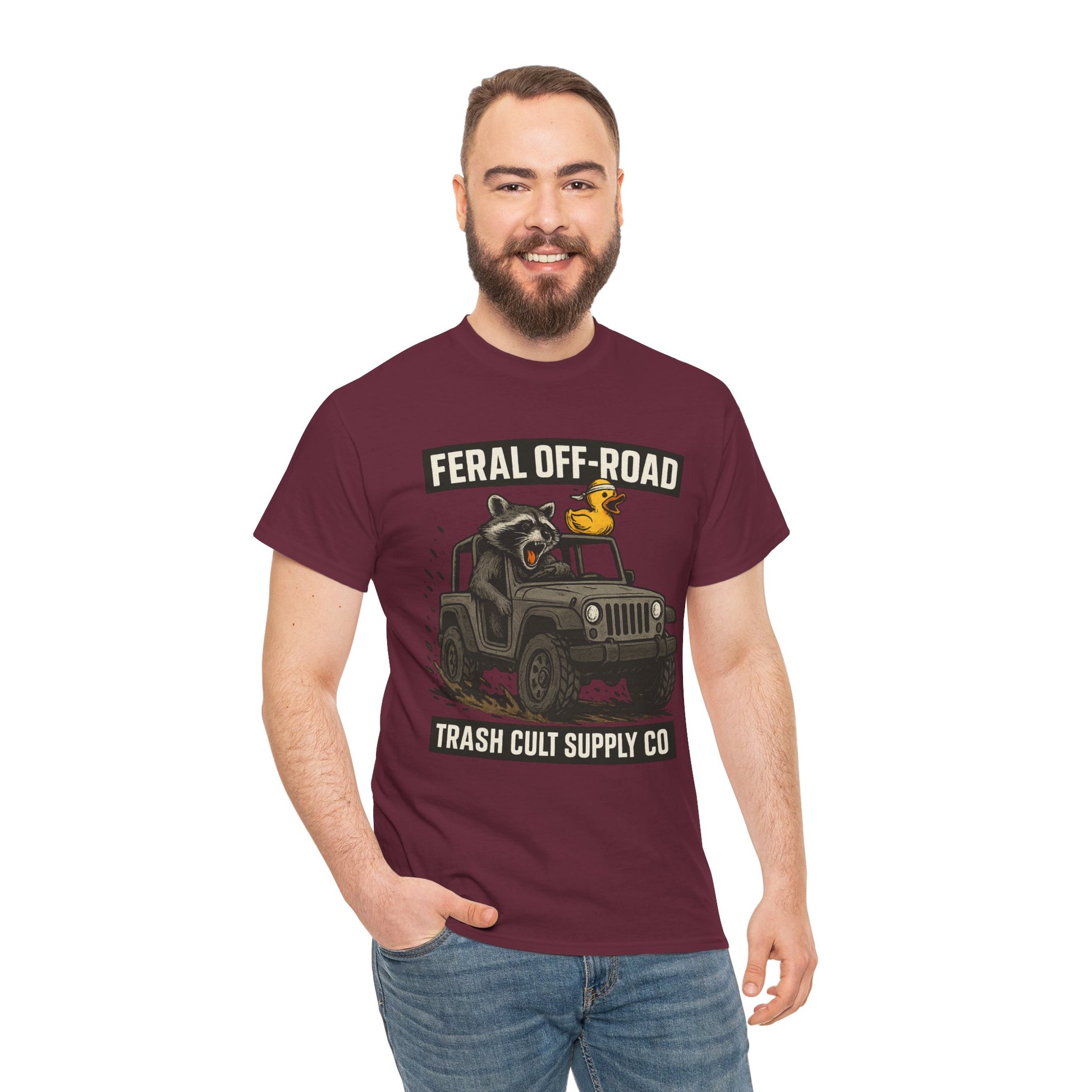 Feral Off-Road Raccoon Jeep Shirt – Mud Slinging Chaos | Trash Cult Supply Co | Gildan 5000 Tee