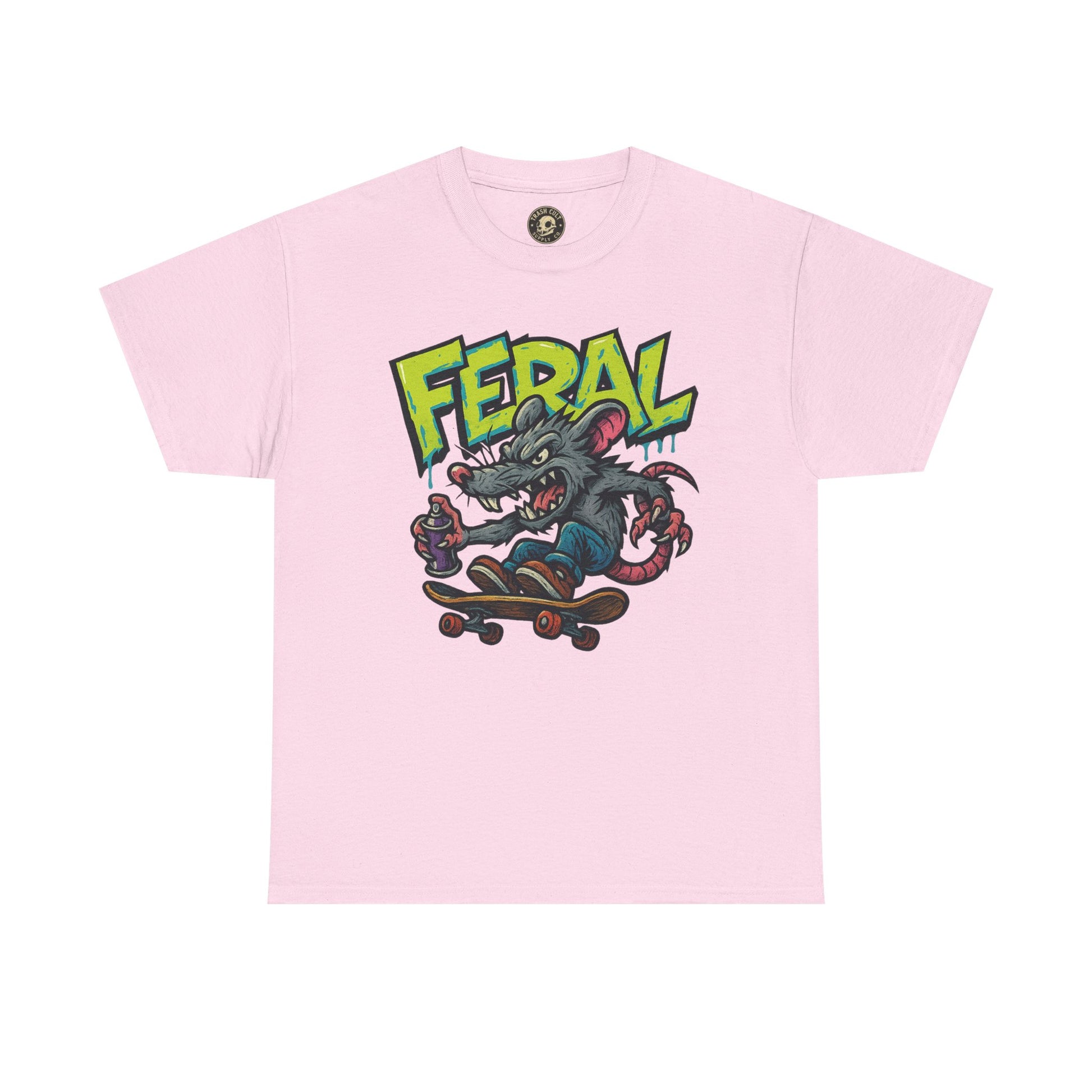 FERAL Graffiti Rat Skate Tee – Street Art Spray Can Mouse on Skateboard | Gildan 5000 Heavy Cotton Shirt