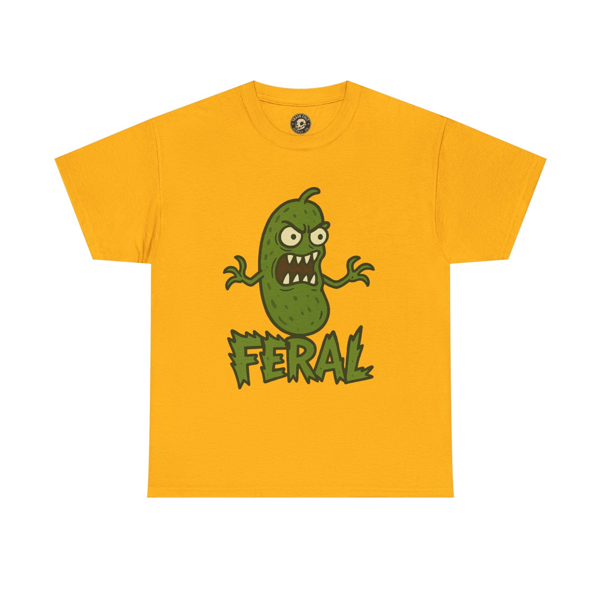 Feral Pickle Cartoon Tee – Trashcore Angry Pickle Shirt – Gildan 5000 Unisex Heavy Cotton