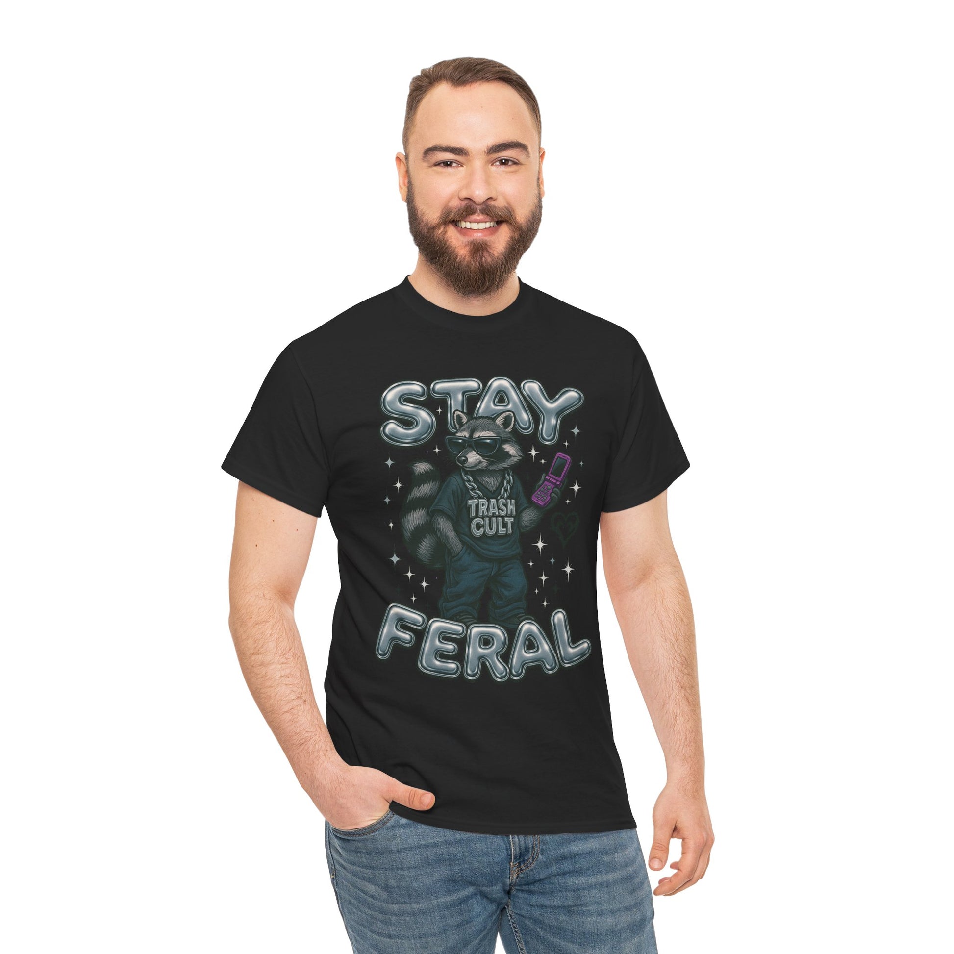 Stay Feral Chrome Raccoon Tee – Y2K Streetwear Trash Cult Shirt