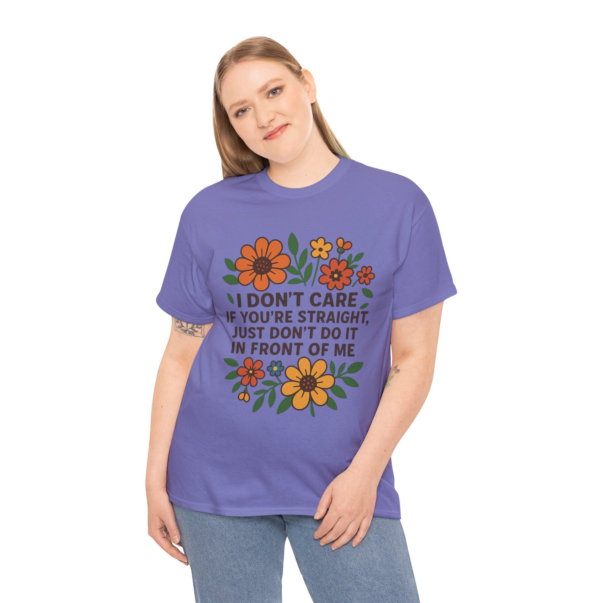 “I Don’t Care If You’re Straight” Funny Floral Shirt – LGBTQ+ Ally Tee – Bold Statement Graphic – Gildan 5000