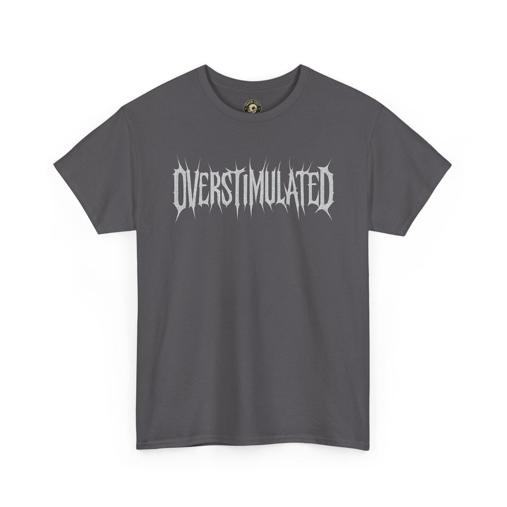 OVERSTIMULATED Metalcore Grunge Shirt – White on Black Distressed Font Tee
