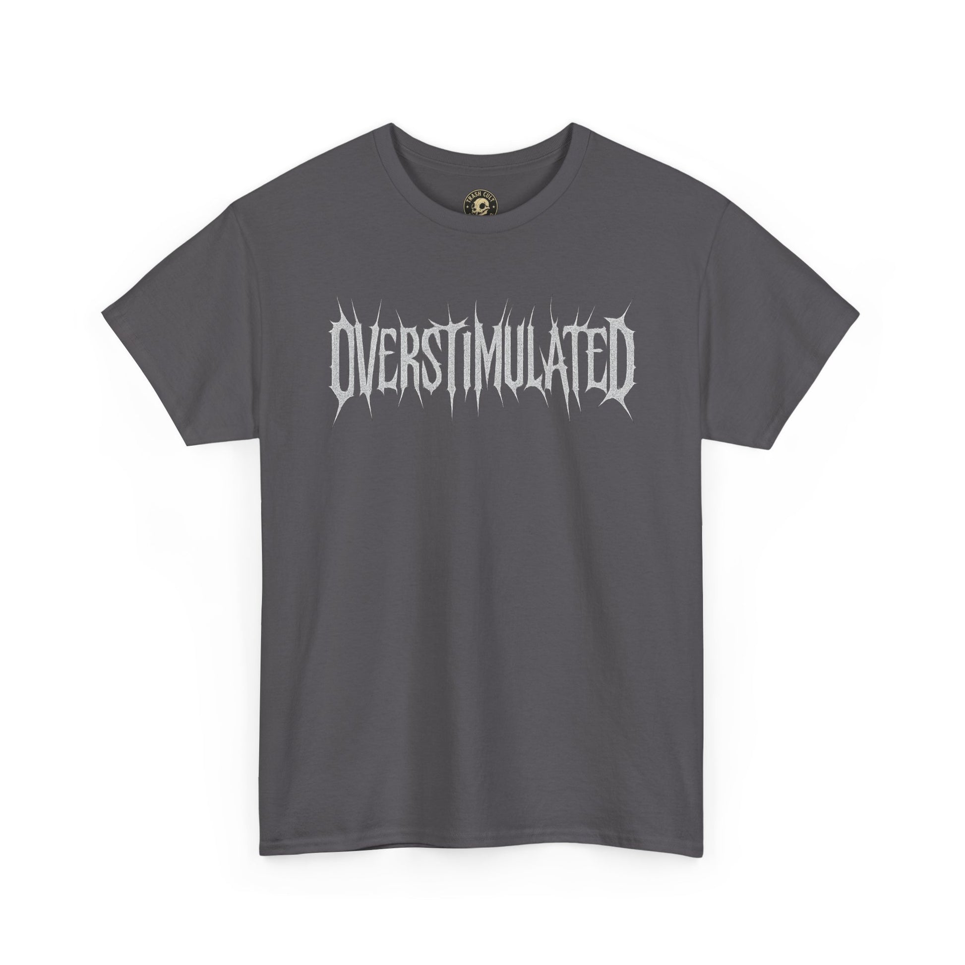 OVERSTIMULATED Metalcore Grunge Shirt – White on Black Distressed Font Tee