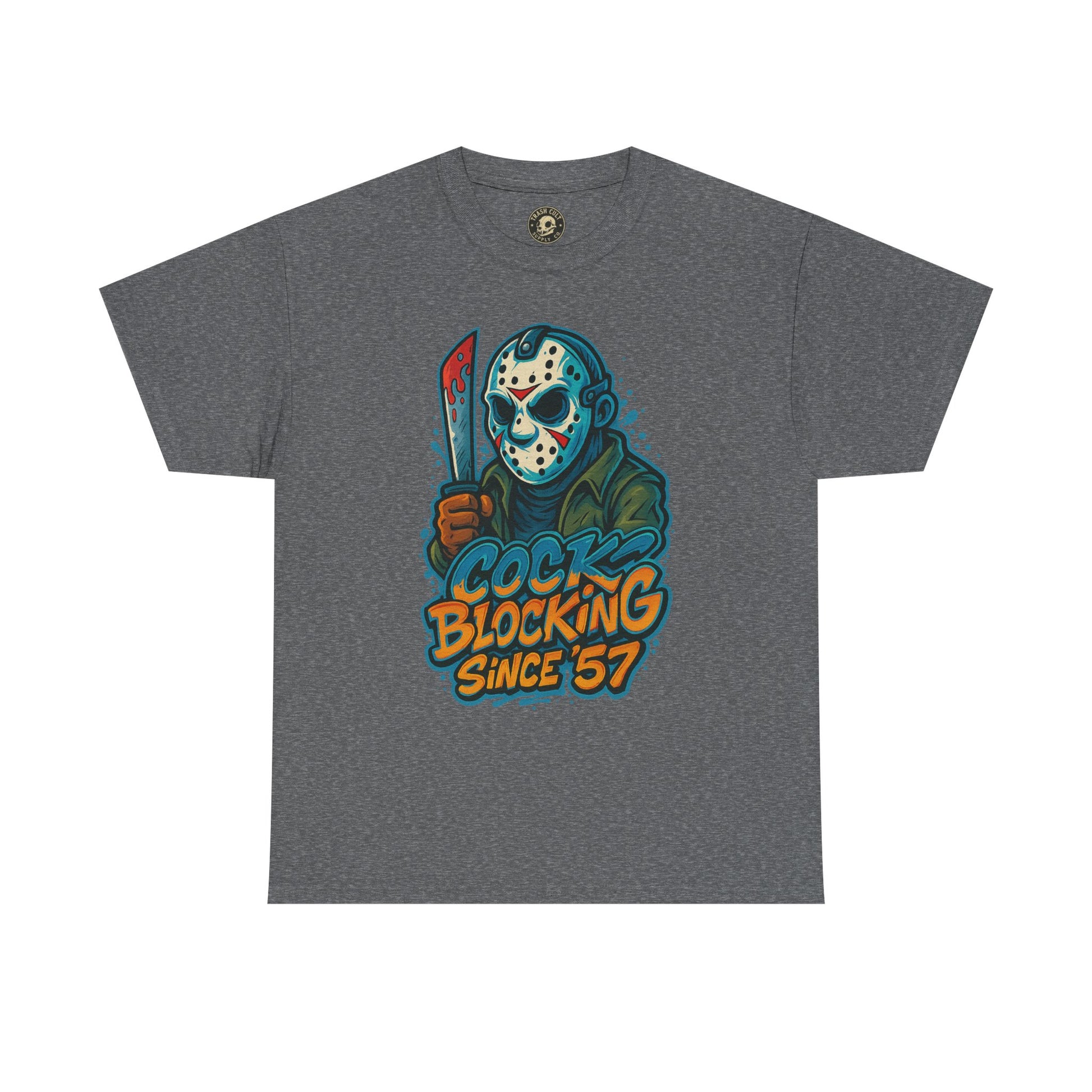 Jason Voorhees “Cock Blocking Since ’57” Funny Horror T-Shirt – Gildan 5000 | Slasher Meme Graphic Tee
