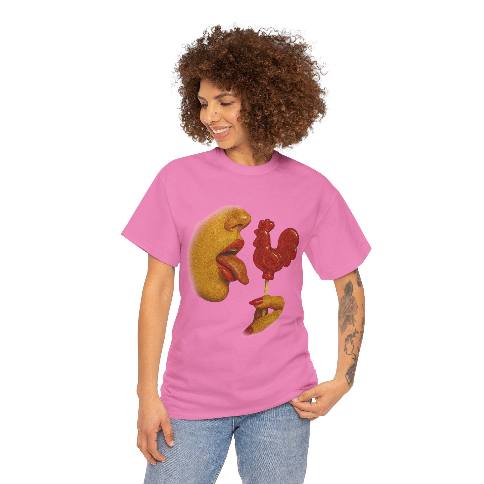 Bold Retro Halftone Tease – Red Rooster Lollipop Graphic Tee