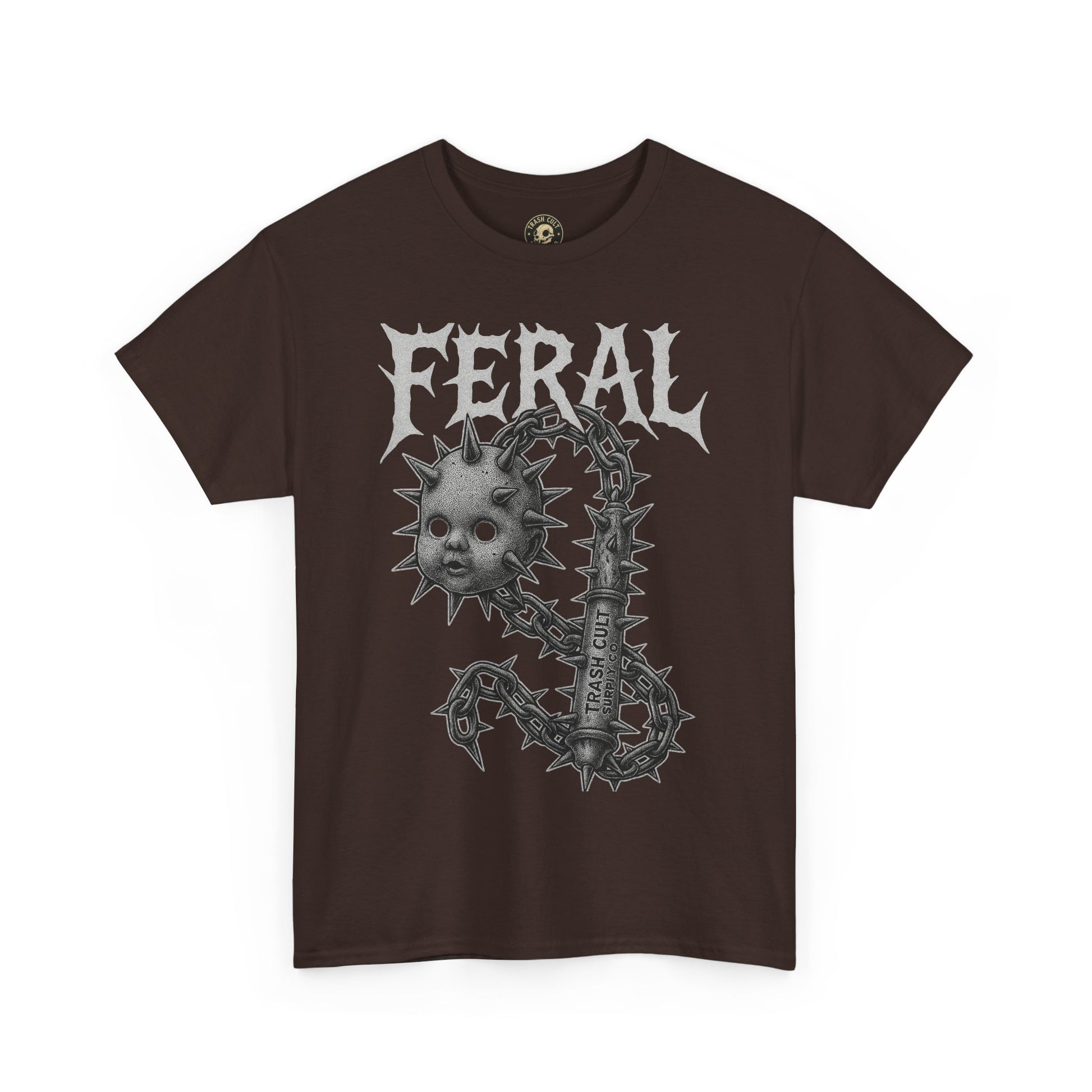 FERAL Spiked Doll Flail Tee – Halftone Gothic Weapon Shirt | Trash Cult Supply Co. | Gildan 5000