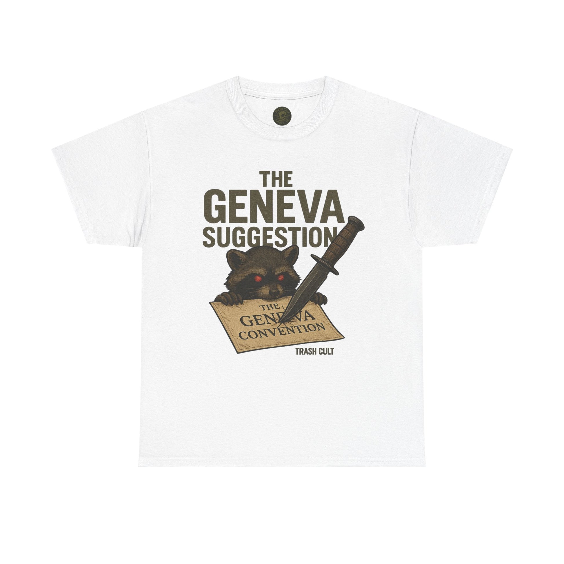 The Geneva Suggestion T-Shirt – Tactical Raccoon Dark Humor Tee | Trash Cult Supply Co. | Gildan 5000
