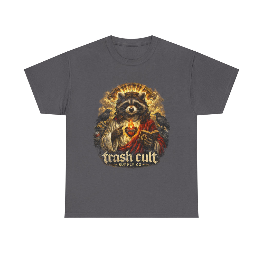 Raccoon Saint Graphic Tee — “Trash Cult” Vintage Devotional Design