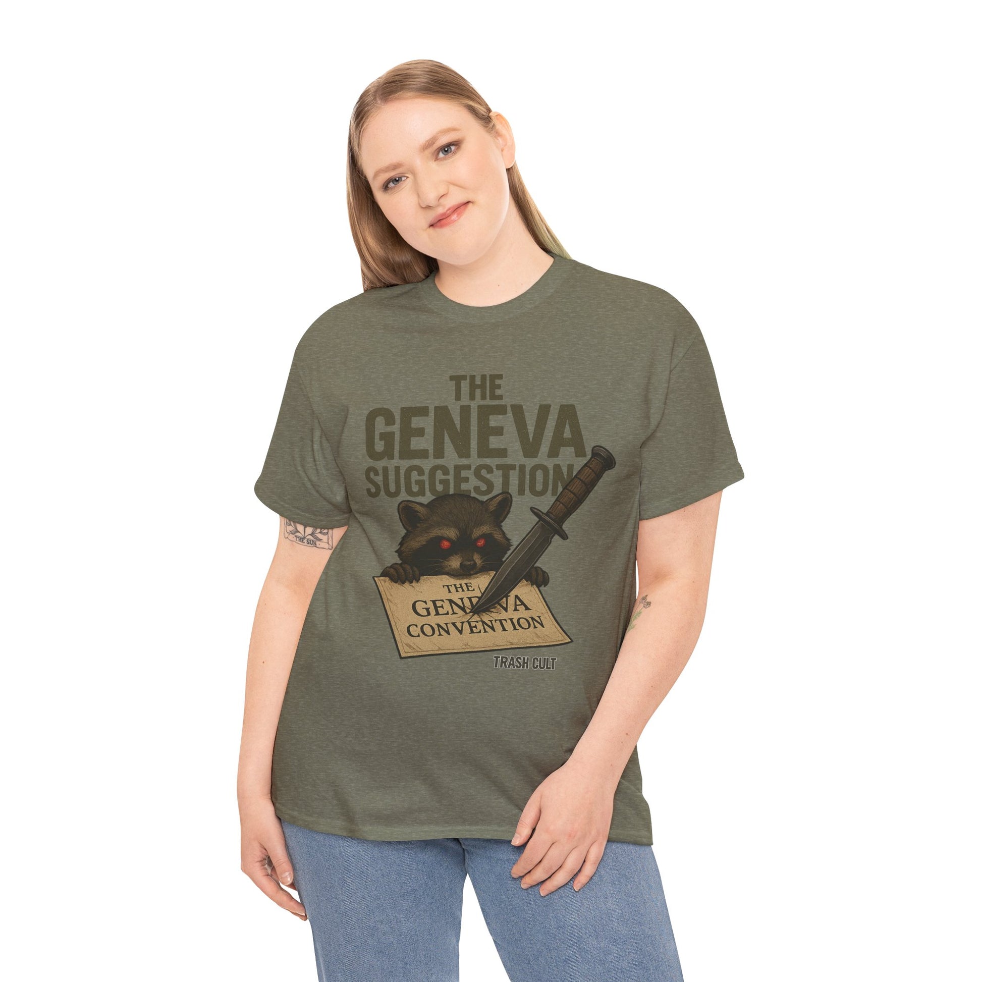 The Geneva Suggestion T-Shirt – Tactical Raccoon Dark Humor Tee | Trash Cult Supply Co. | Gildan 5000