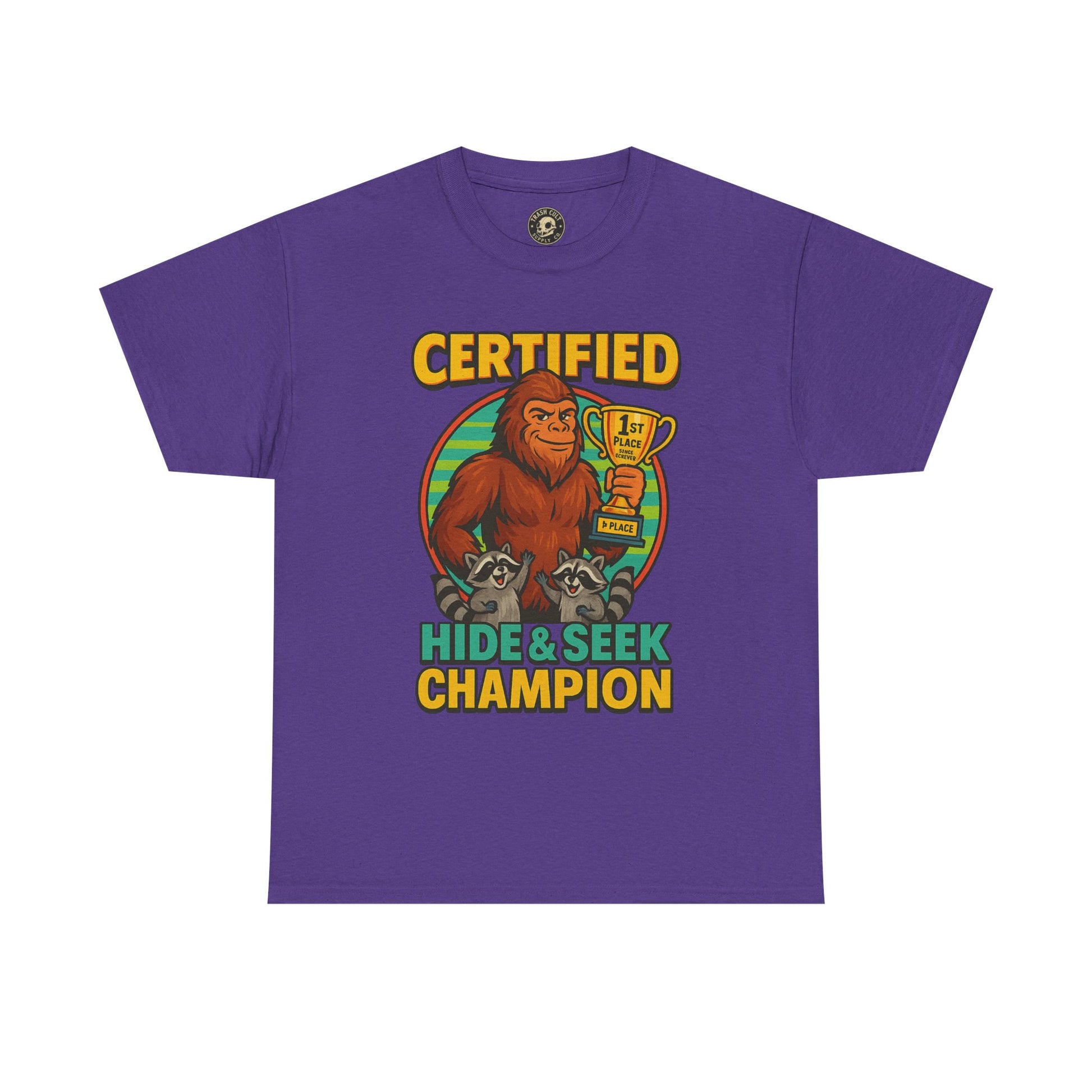 Certified Hide & Seek Champion Bigfoot T-Shirt – Funny Cryptid Shirt – Raccoon Forest Meme Tee – Gildan 5000