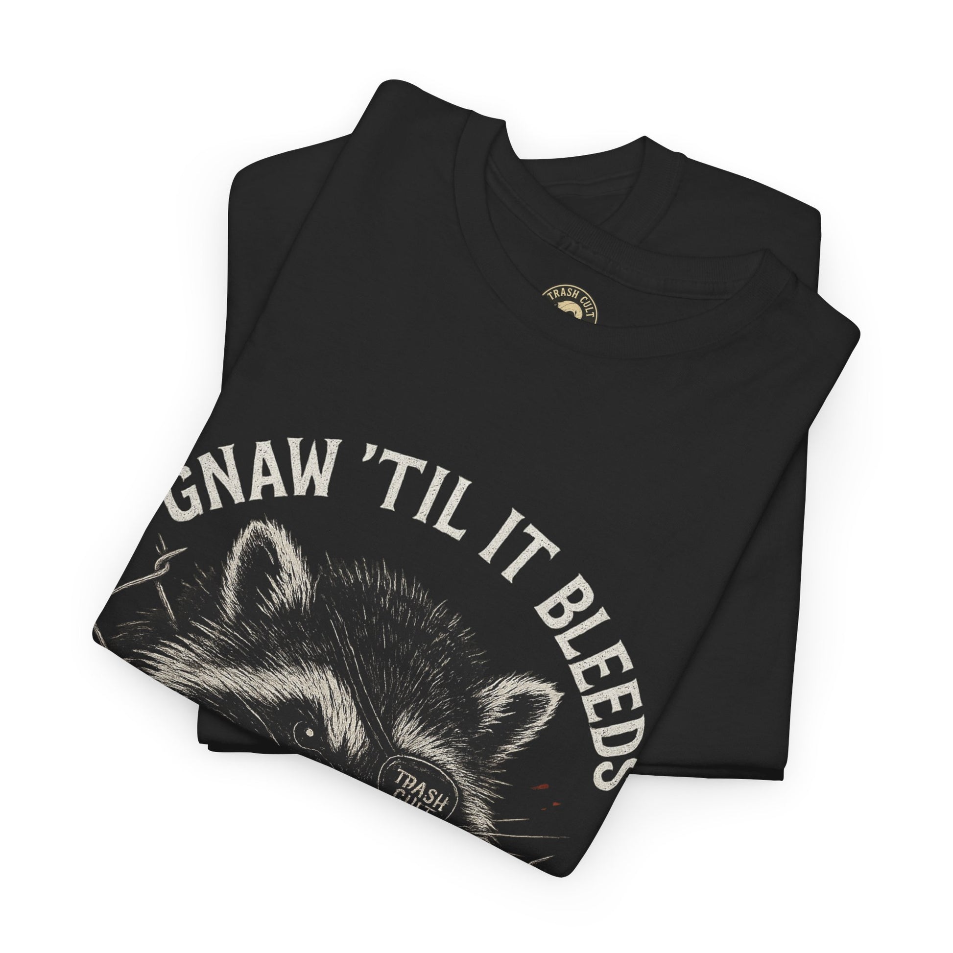 Gnaw ’Til It Bleeds Raccoon Tee – Feral Trash Cult Shirt, Metalcore Punk Animal Graphic, Gildan 5000 Unisex Black T-Shirt