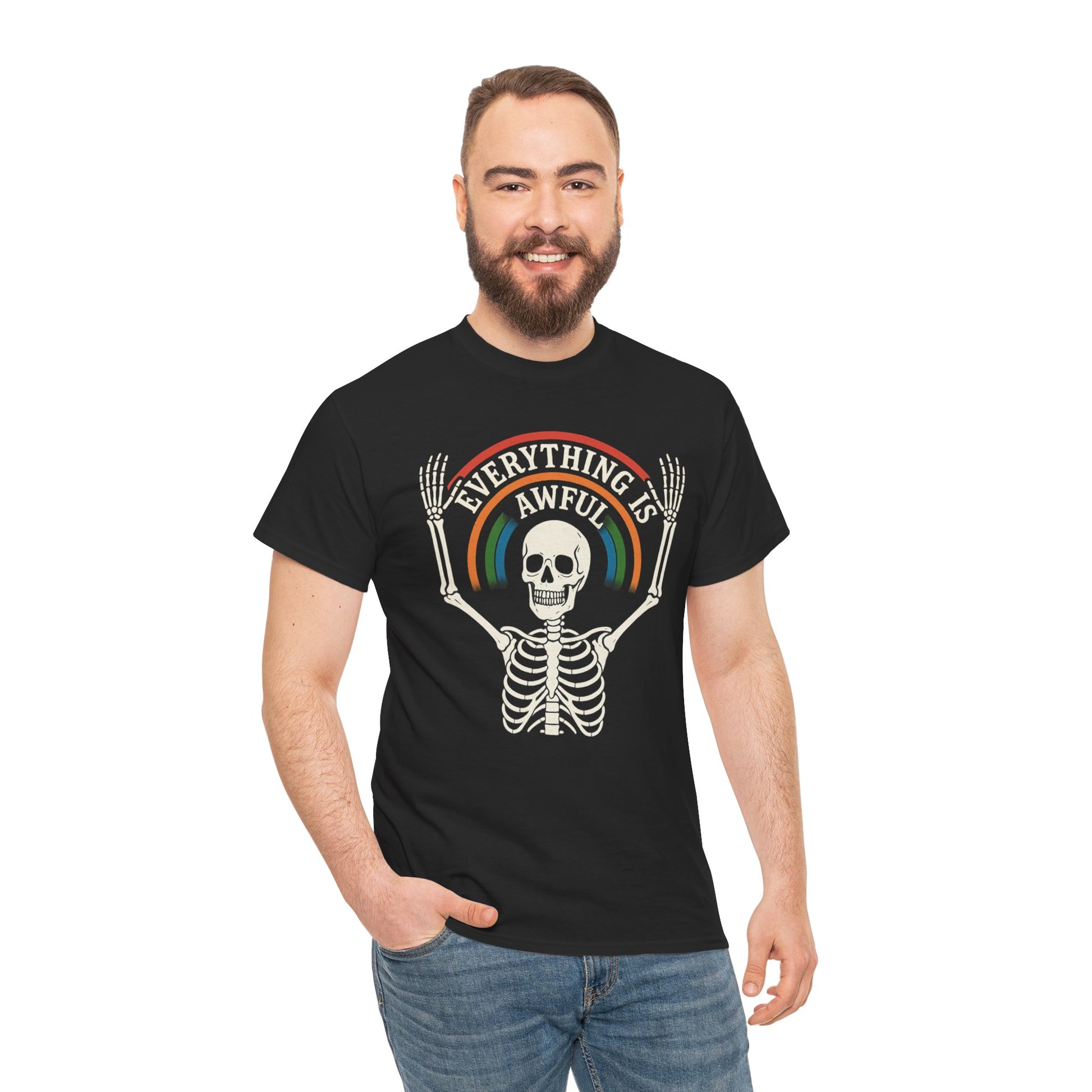 Everything Is Awful Skeleton Rainbow T-Shirt – Funny Vintage Dark Humor Tee – Gildan 5000