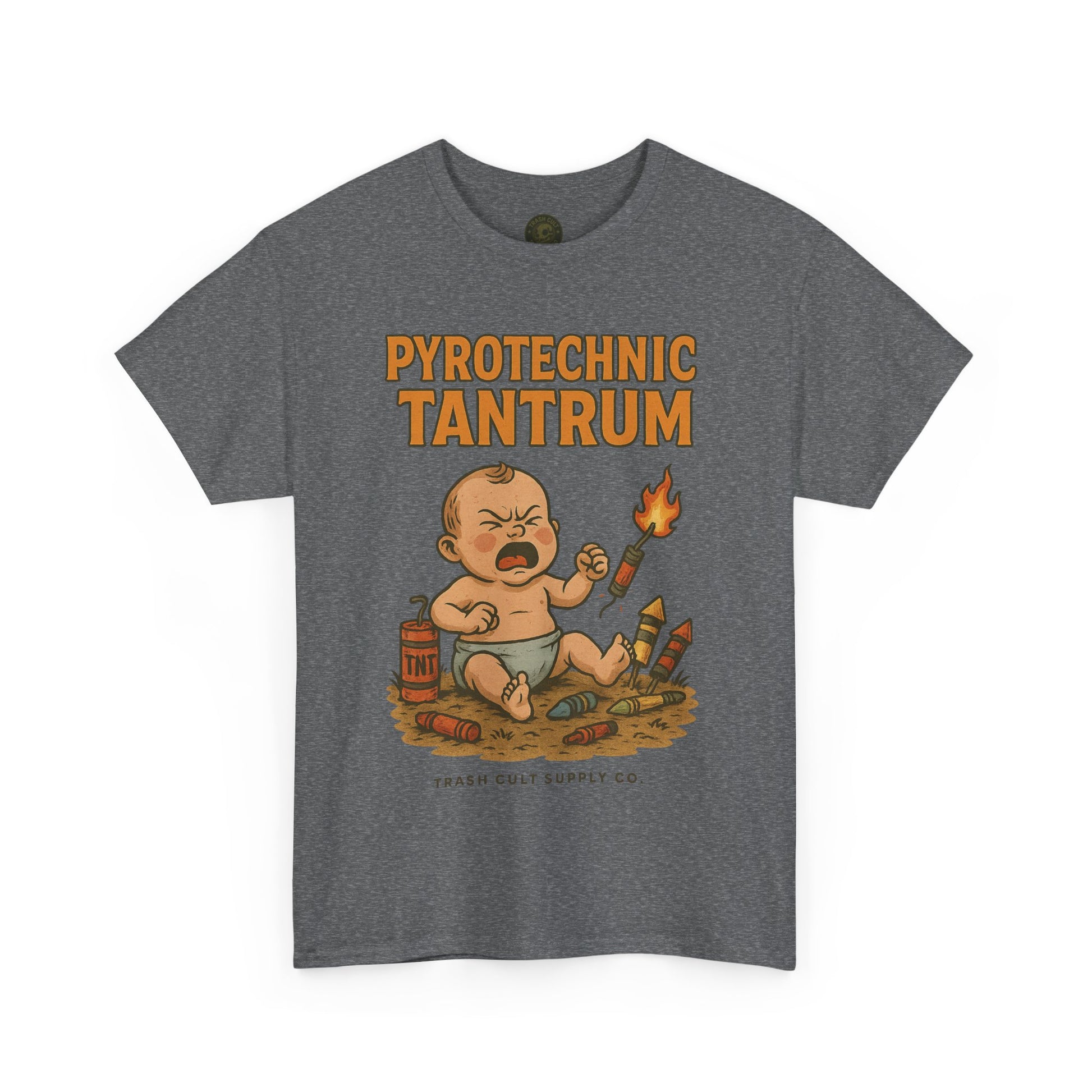 Pyrotechnic Tantrum T-Shirt – Explosive Baby Humor Graphic | Trash Cult Supply Co. | Gildan 5000 Tee