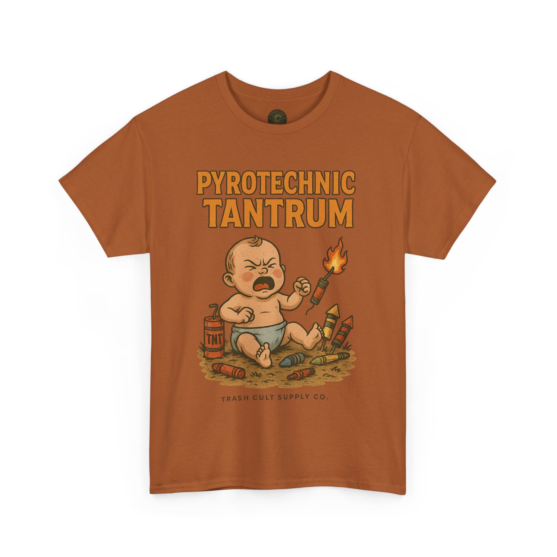 Pyrotechnic Tantrum T-Shirt – Explosive Baby Humor Graphic | Trash Cult Supply Co. | Gildan 5000 Tee