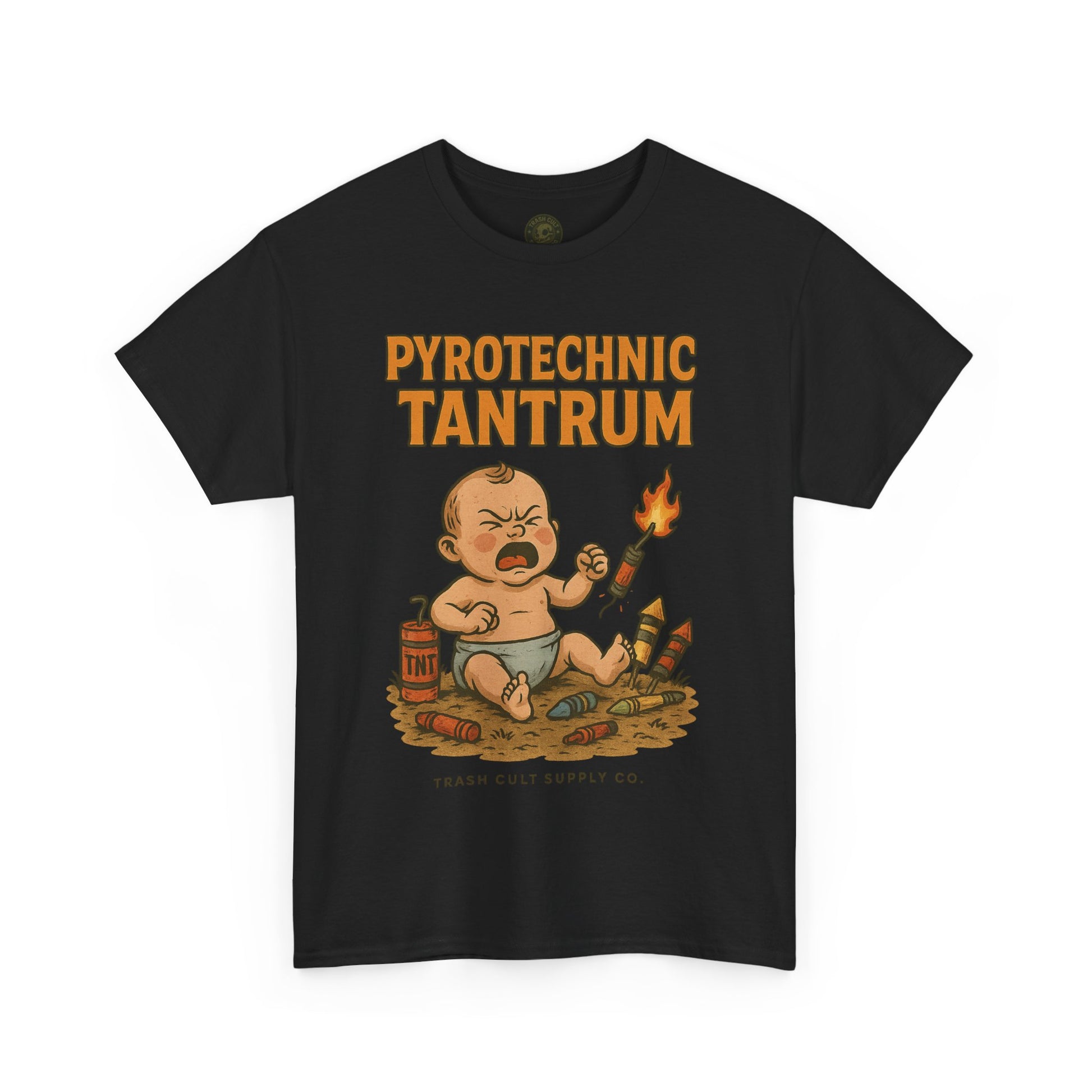 Pyrotechnic Tantrum T-Shirt – Explosive Baby Humor Graphic | Trash Cult Supply Co. | Gildan 5000 Tee