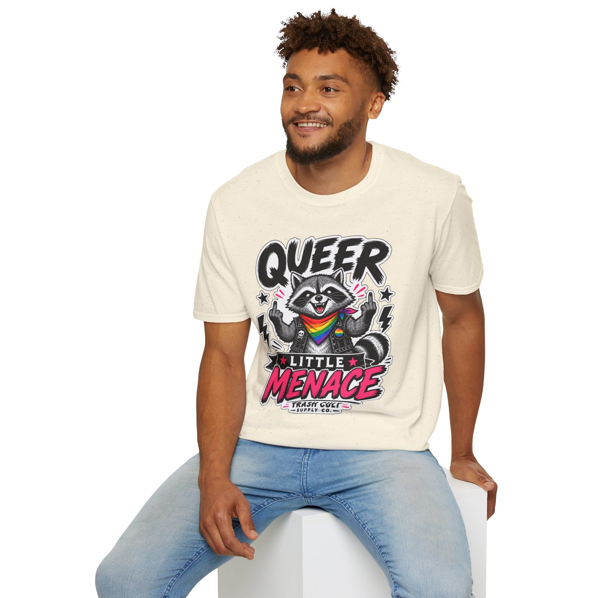 Queer Little Menace T-Shirt — Rainbow Raccoon Pride Graphic