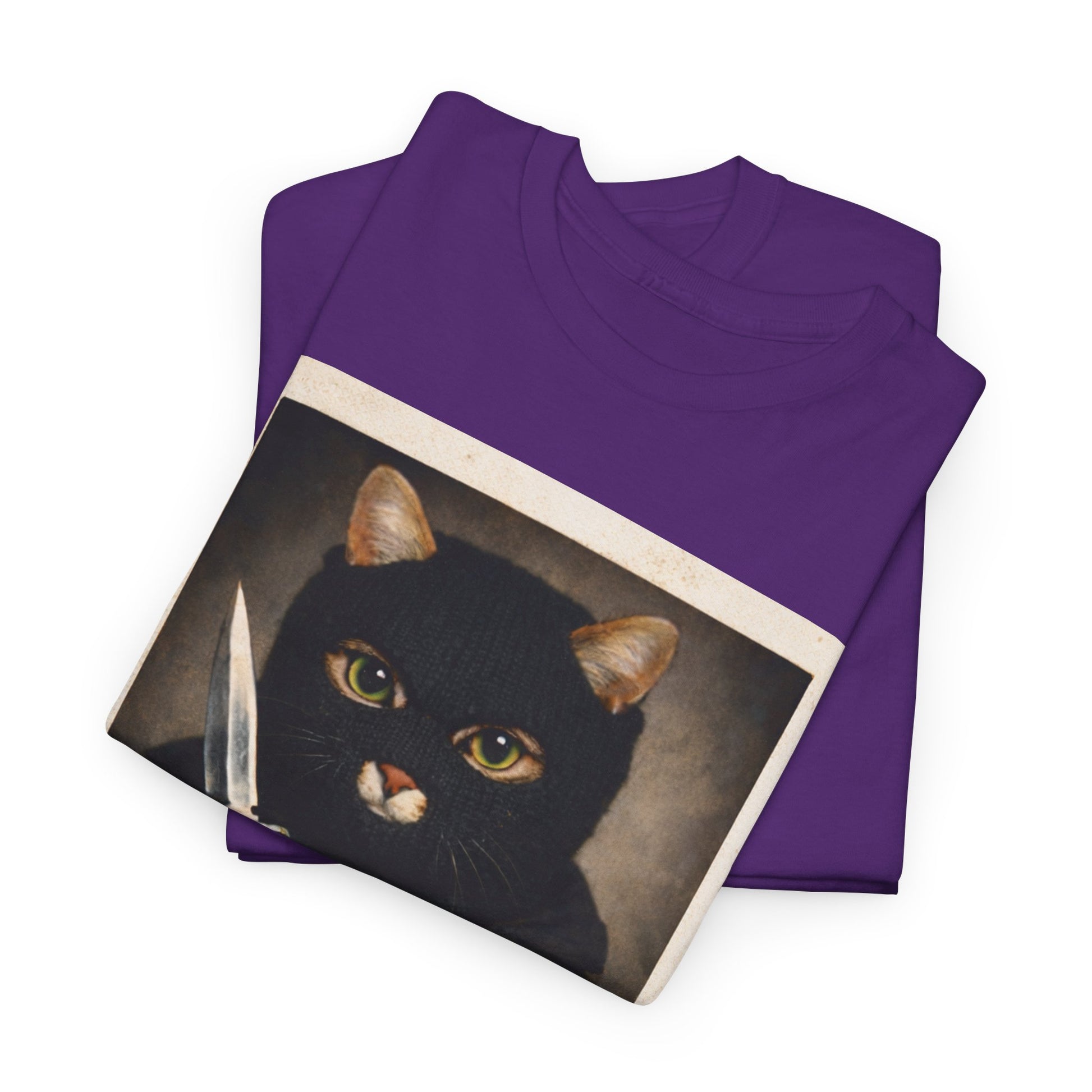 Cat With Knife Tee — "Mittens" Dark Humor Vintage Polaroid Graphic T-Shirt