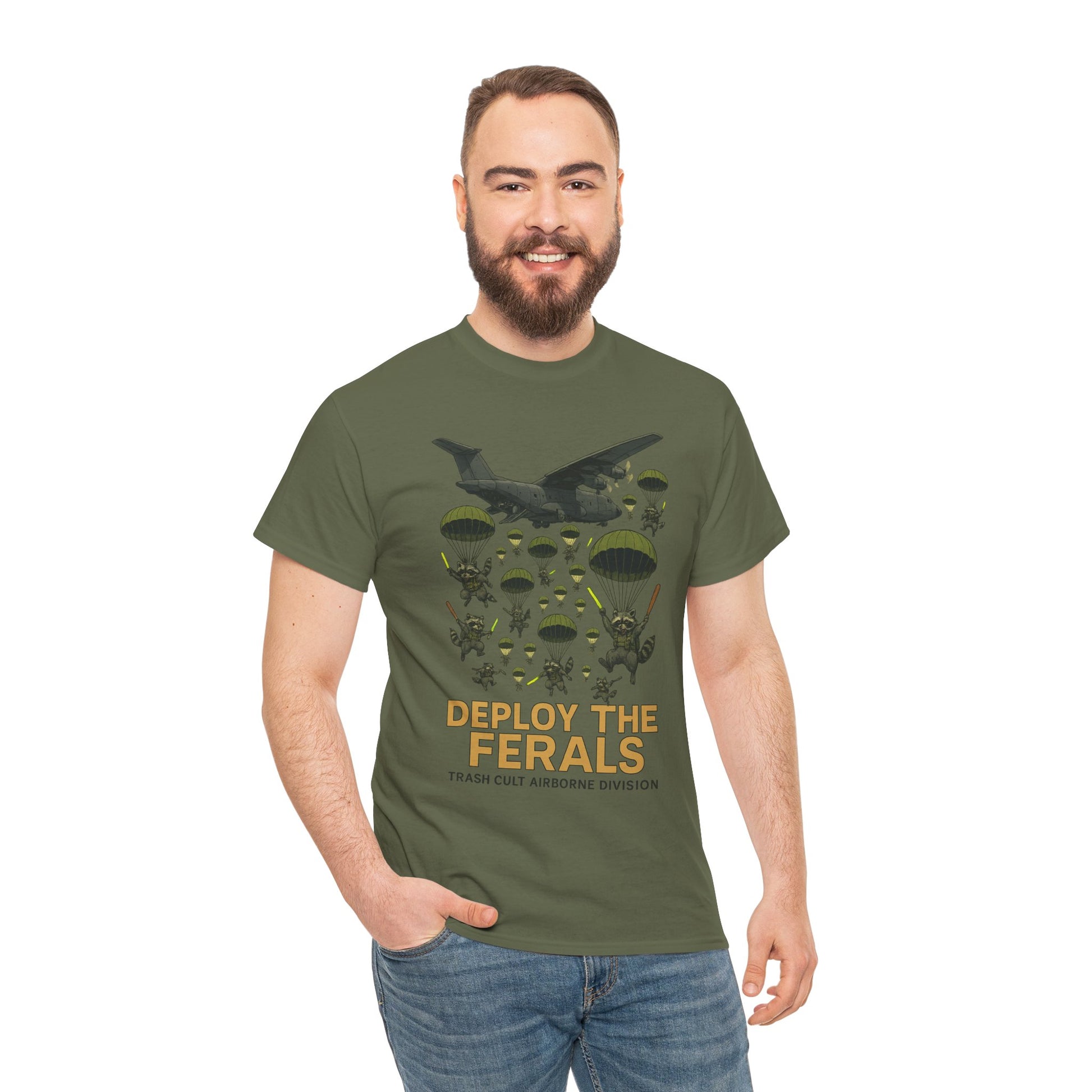 Deploy the Ferals T-Shirt – Airborne Raccoon Drop Graphic | Trash Cult Supply Co. | Gildan 5000 Heavy Cotton Tee