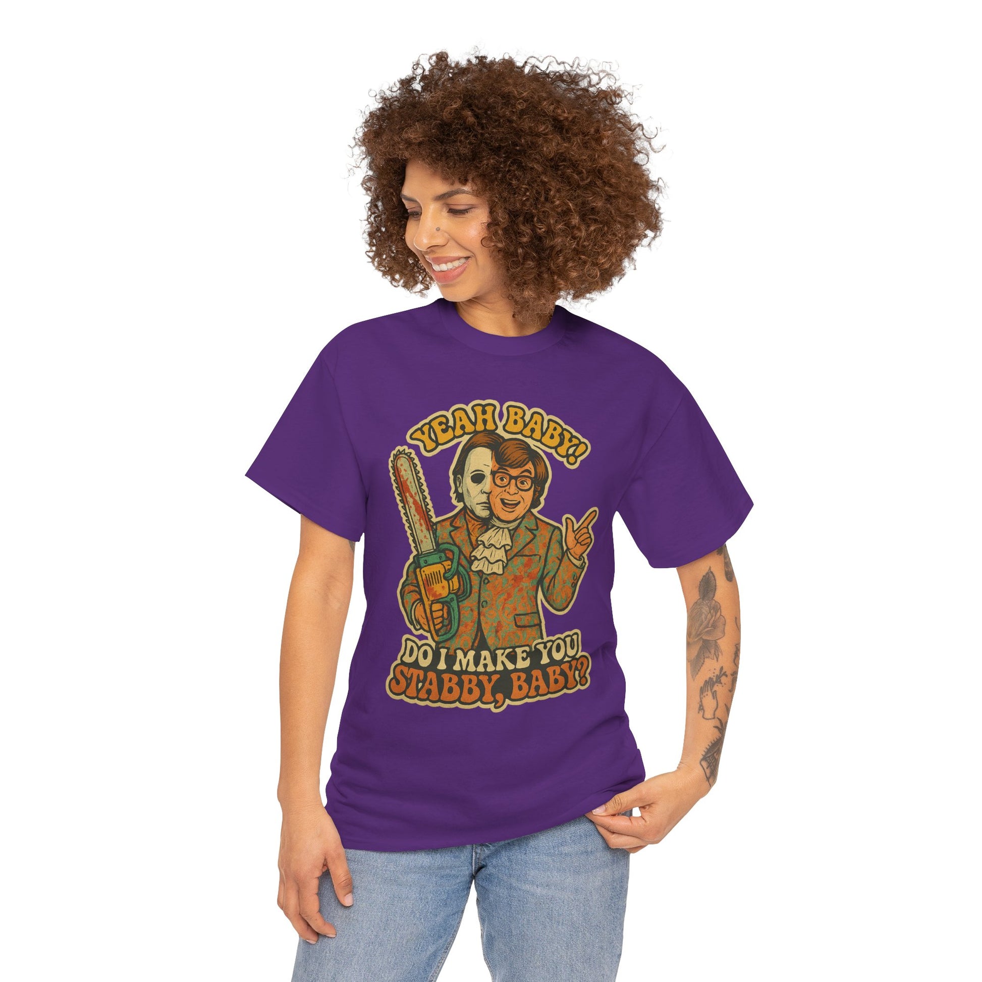 Mike Myers Parody Shirt – “Do I Make You Stabby, Baby?” Funny Horror Mashup Tee – Gildan 5000 Unisex