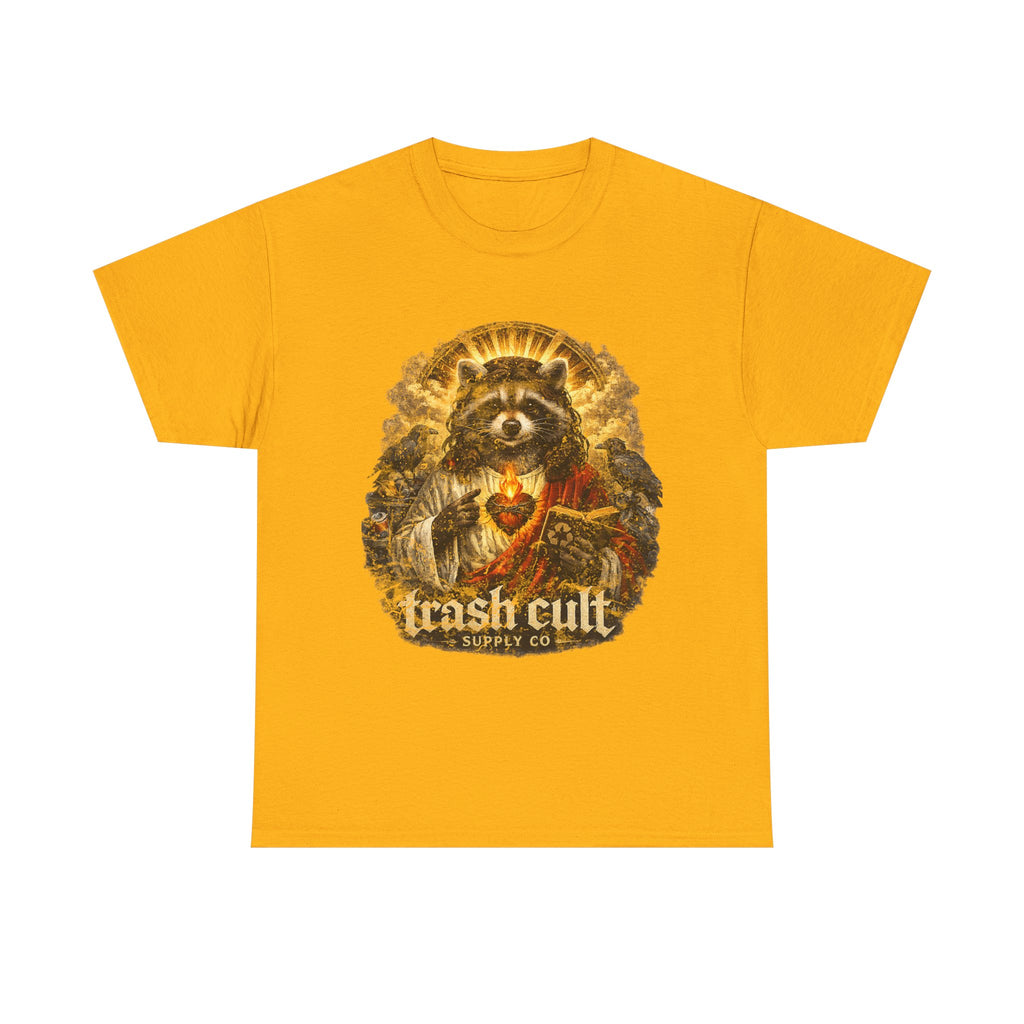 Raccoon Saint Graphic Tee — “Trash Cult” Vintage Devotional Design