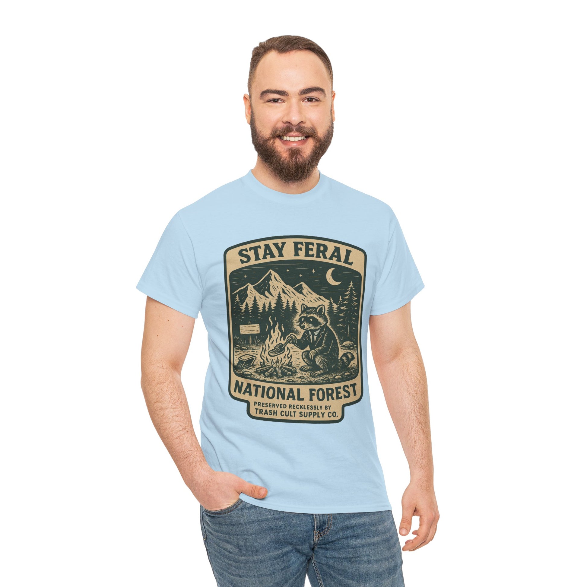 Stay Feral National Forest Shirt – Vintage Raccoon Camping Tee – Trash Cult Supply Co – Gildan 5000