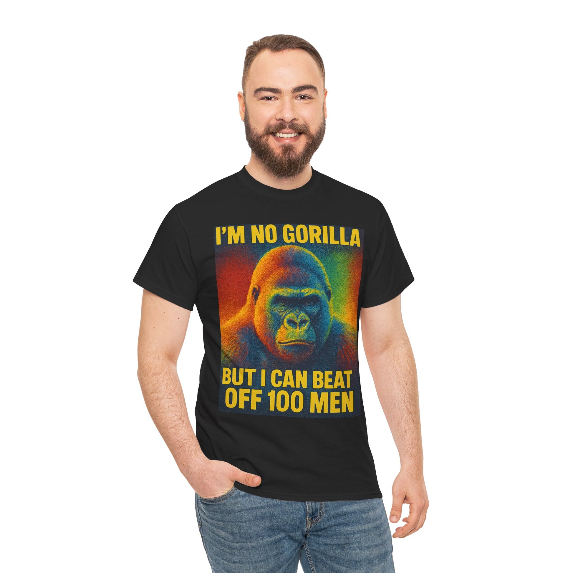 I’m No Gorilla But I Can Beat Off 100 Men Shirt – Multicolor Halftone Gorilla Tee on Gildan 5000