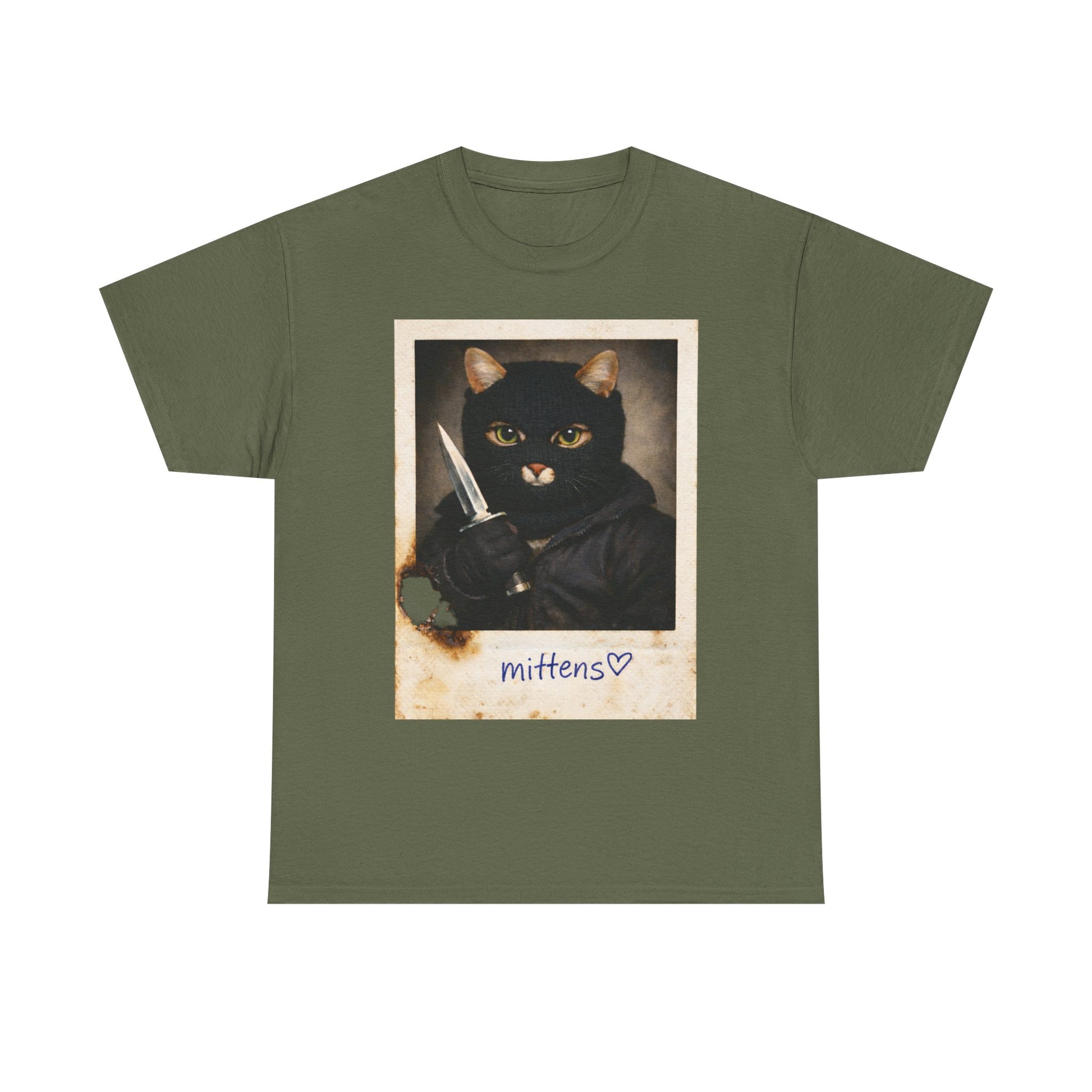 Cat With Knife Tee — "Mittens" Dark Humor Vintage Polaroid Graphic T-Shirt