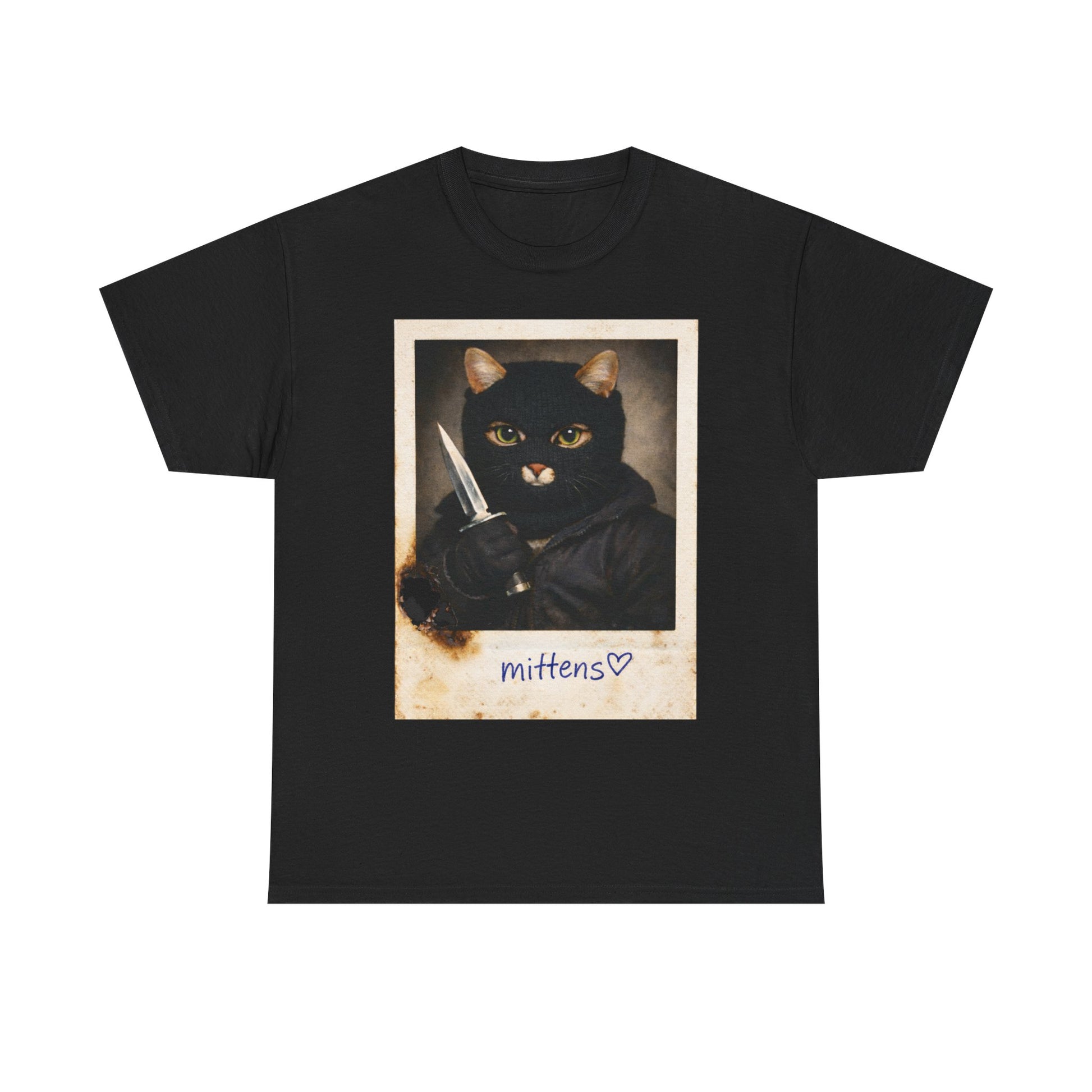 Cat With Knife Tee — "Mittens" Dark Humor Vintage Polaroid Graphic T-Shirt