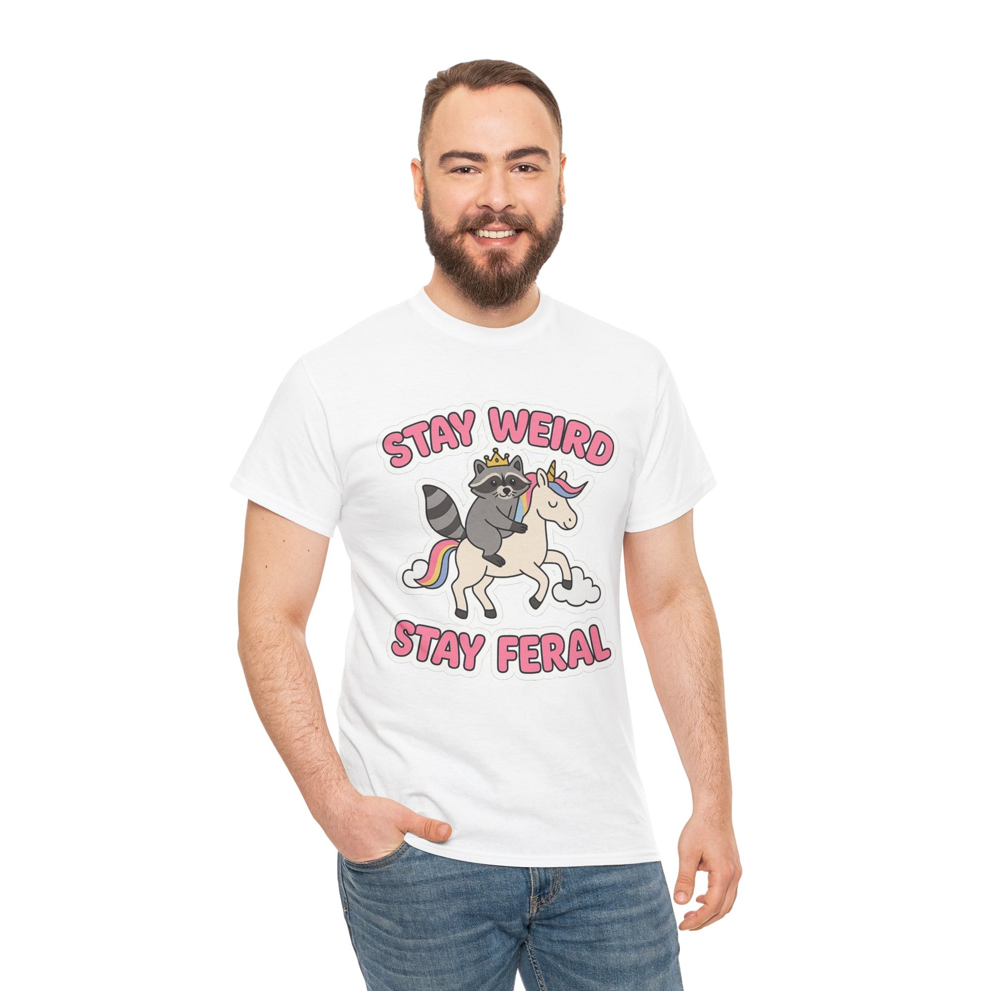 Stay Weird Stay Feral Shirt – Raccoon & Unicorn – High Visibility Gildan 5000 Tee
