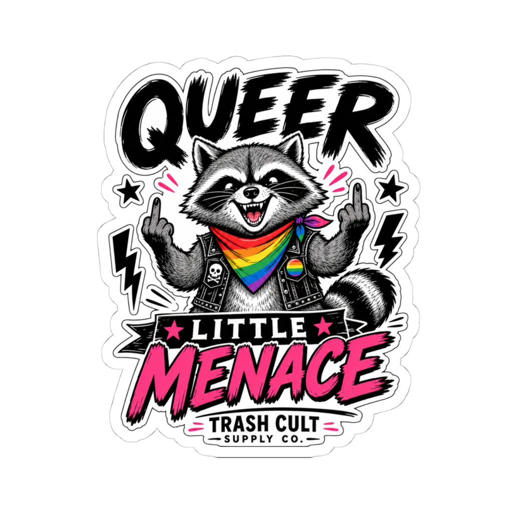 Queer Little Menace Sticker — Rainbow Raccoon Kiss-Cut Decal for Laptops & Pride