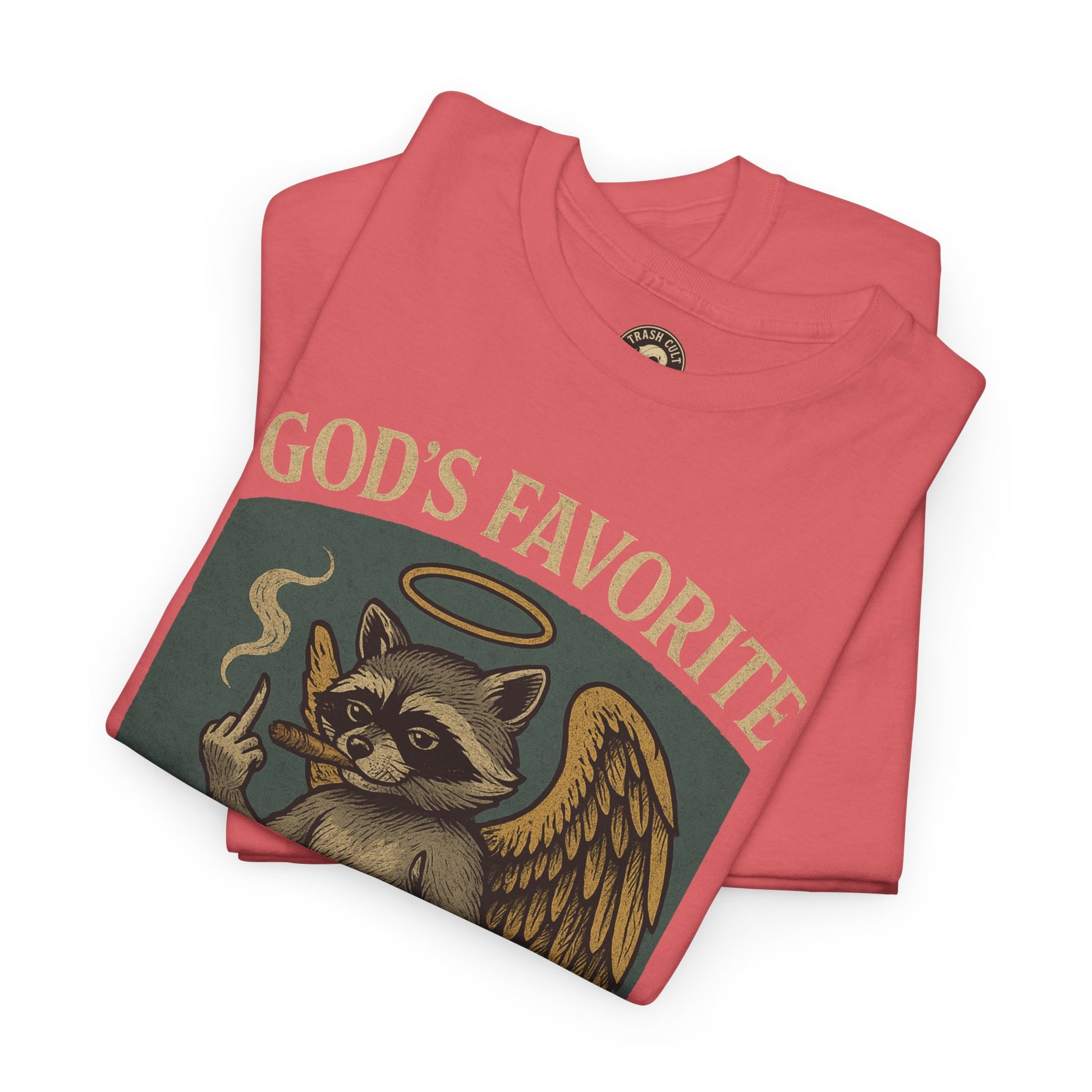 God’s Favorite Mistake Shirt – Raccoon Angel Flipping the Bird by Trash Cult Supply Co.
