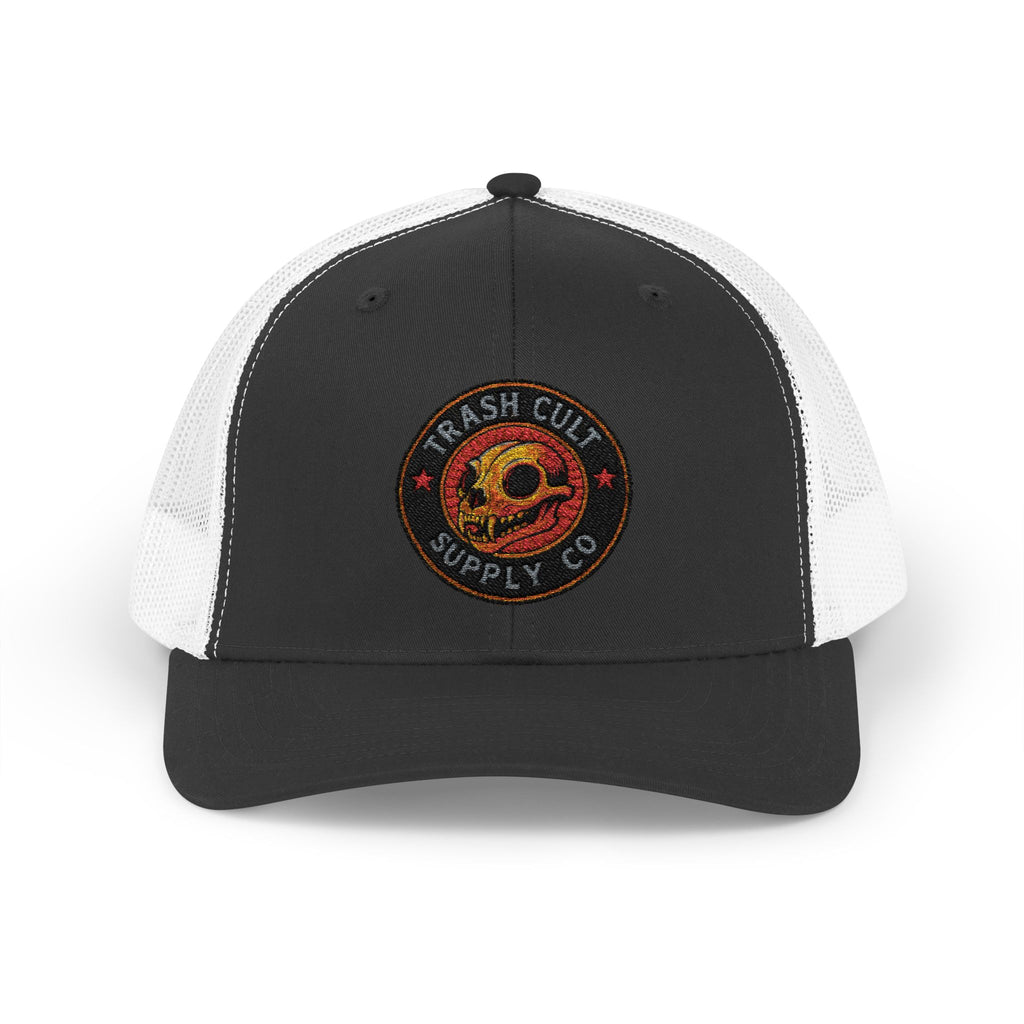 Black and white cap with 'Trash Cult Supply Co' logo on a white background