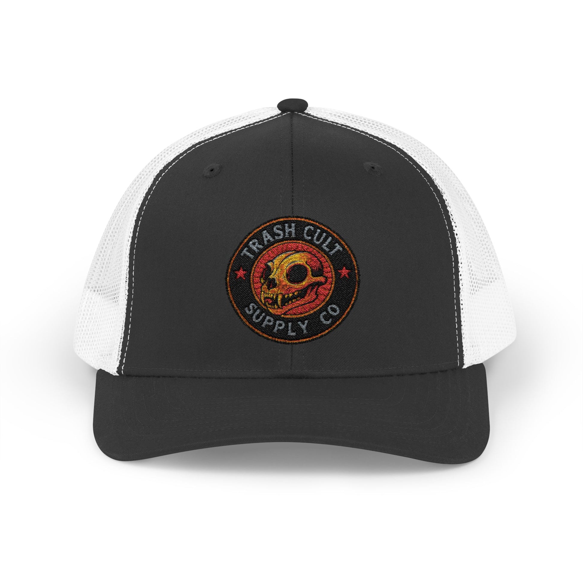 Black and white cap with 'Trash Cult Supply Co' logo on a white background