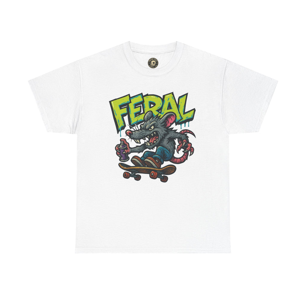 FERAL Graffiti Rat Skate Tee – Street Art Spray Can Mouse on Skateboard | Gildan 5000 Heavy Cotton Shirt